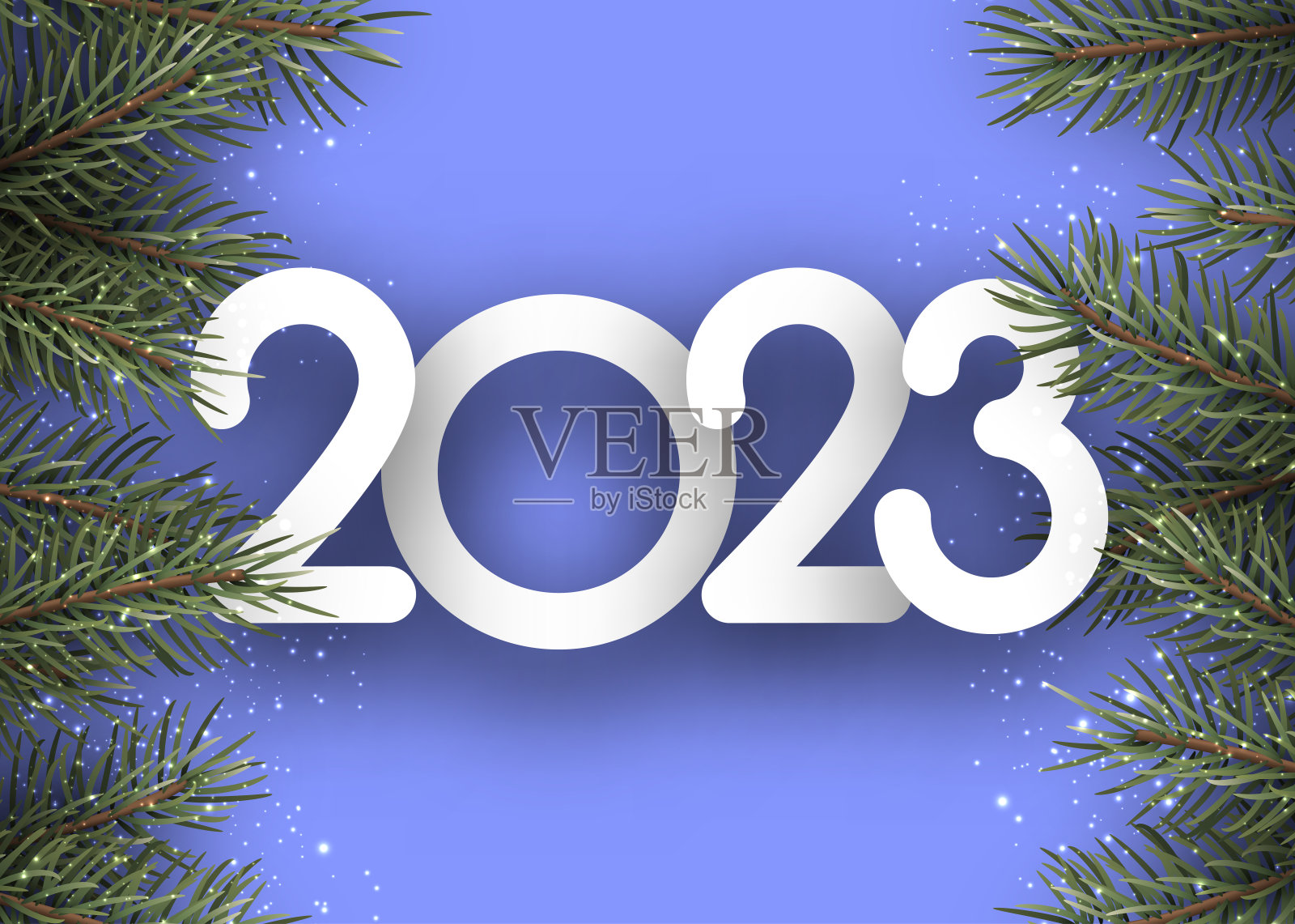 2023标志与绿色冷杉在蓝色背景。插画图片素材