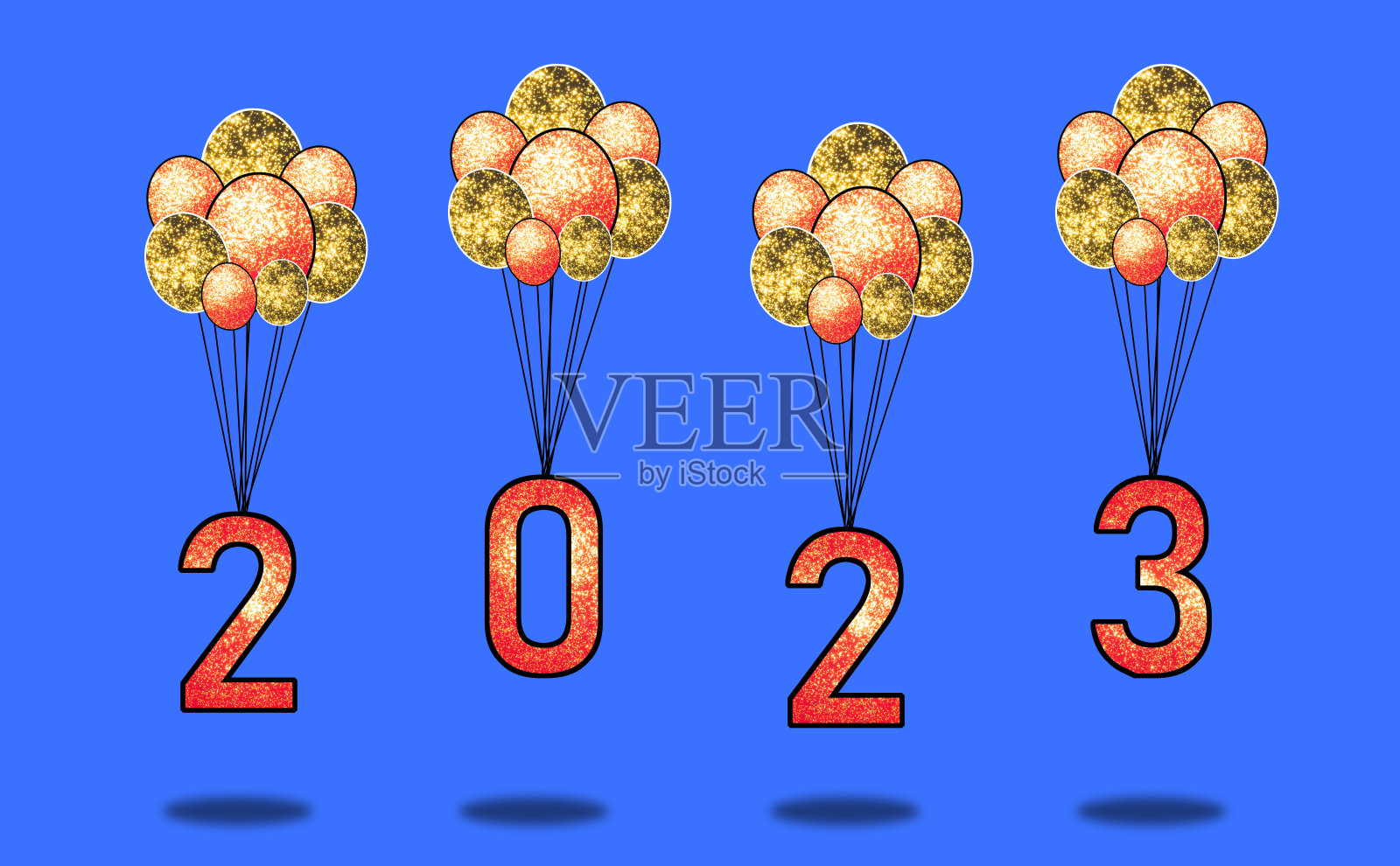 红色2023与闪闪发光的气球飞行，创意的假日概念照片摄影图片