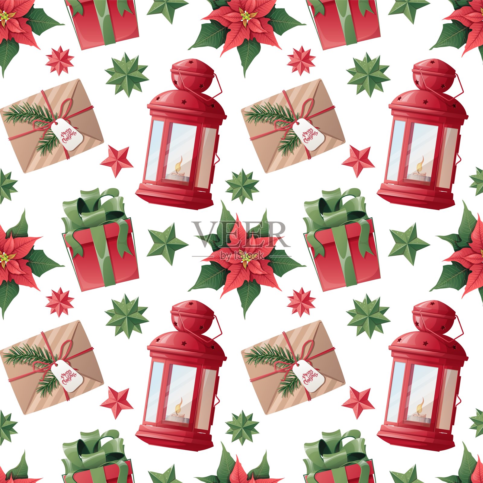 圣诞无缝模式与礼物，灯笼，一品红在白色背景。节日质感的包装纸，剪贴簿，织物，墙纸插画图片素材