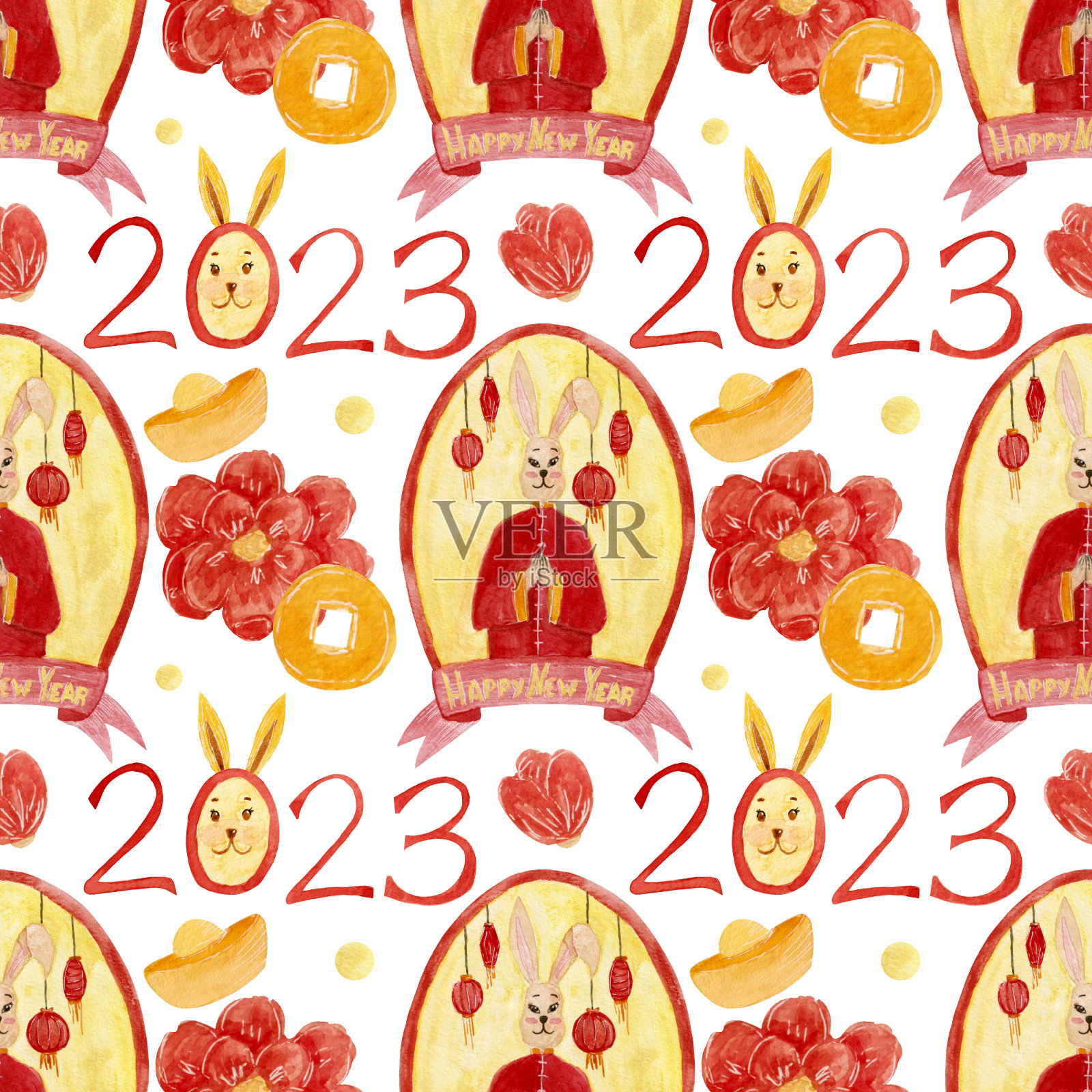 五颜六色的水彩图案，穿着服装的兔子，红色的花朵和金币。插画图片素材