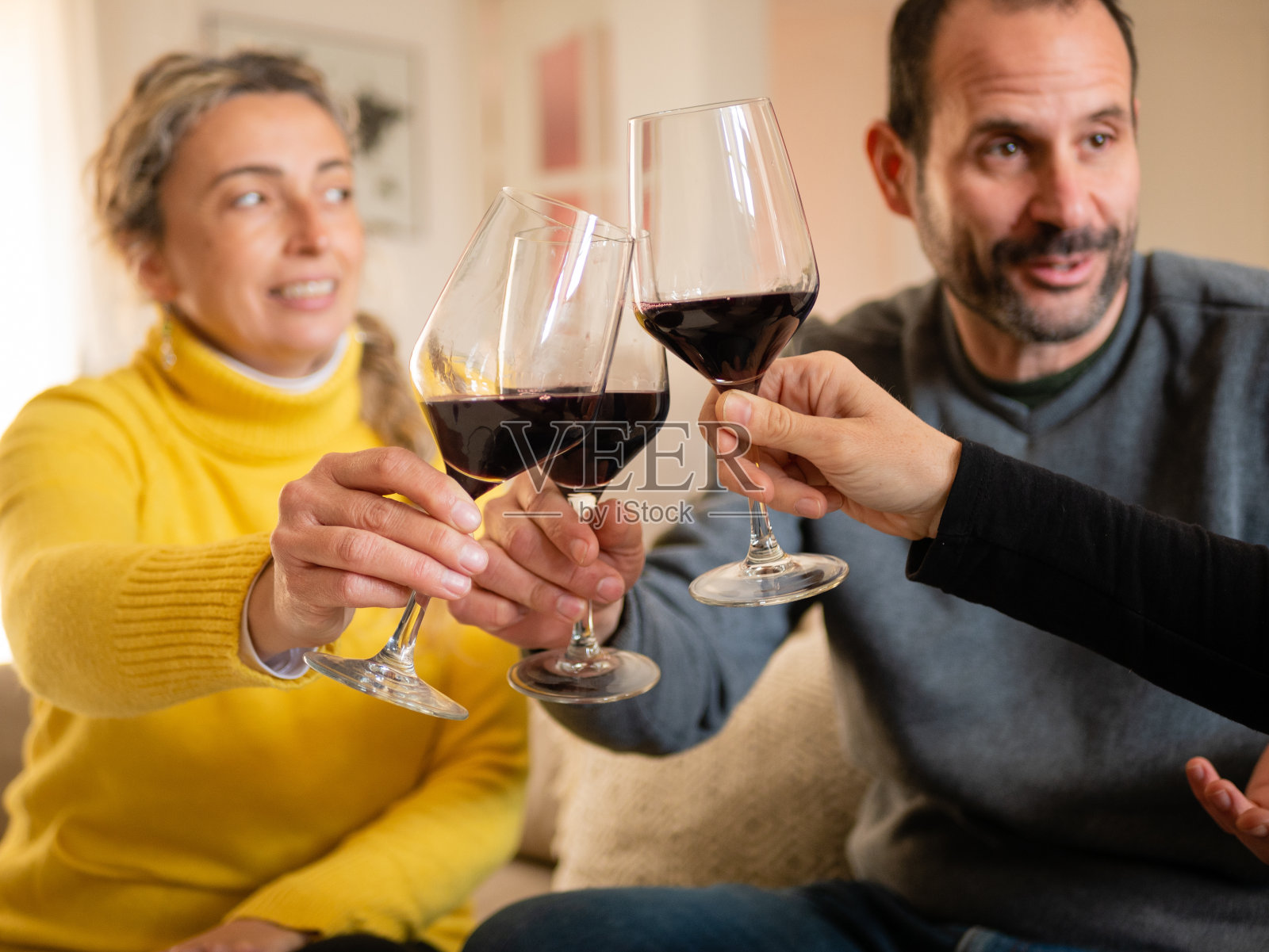 人们在家里聚会时碰杯照片摄影图片