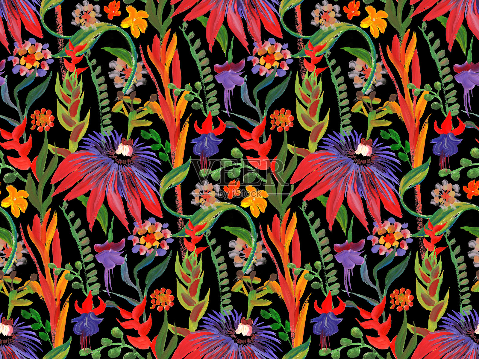 无缝的艺术图案与明亮的热带在红色的花画水粉在干刷插画图片素材