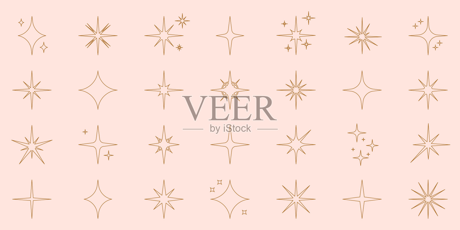 闪闪星线图标集。辉光火花闪光星星黑色轮廓集合。闪耀绽放魔法装饰符号。闪光效果灯。闪烁耀斑。孤立矢量图插画图片素材