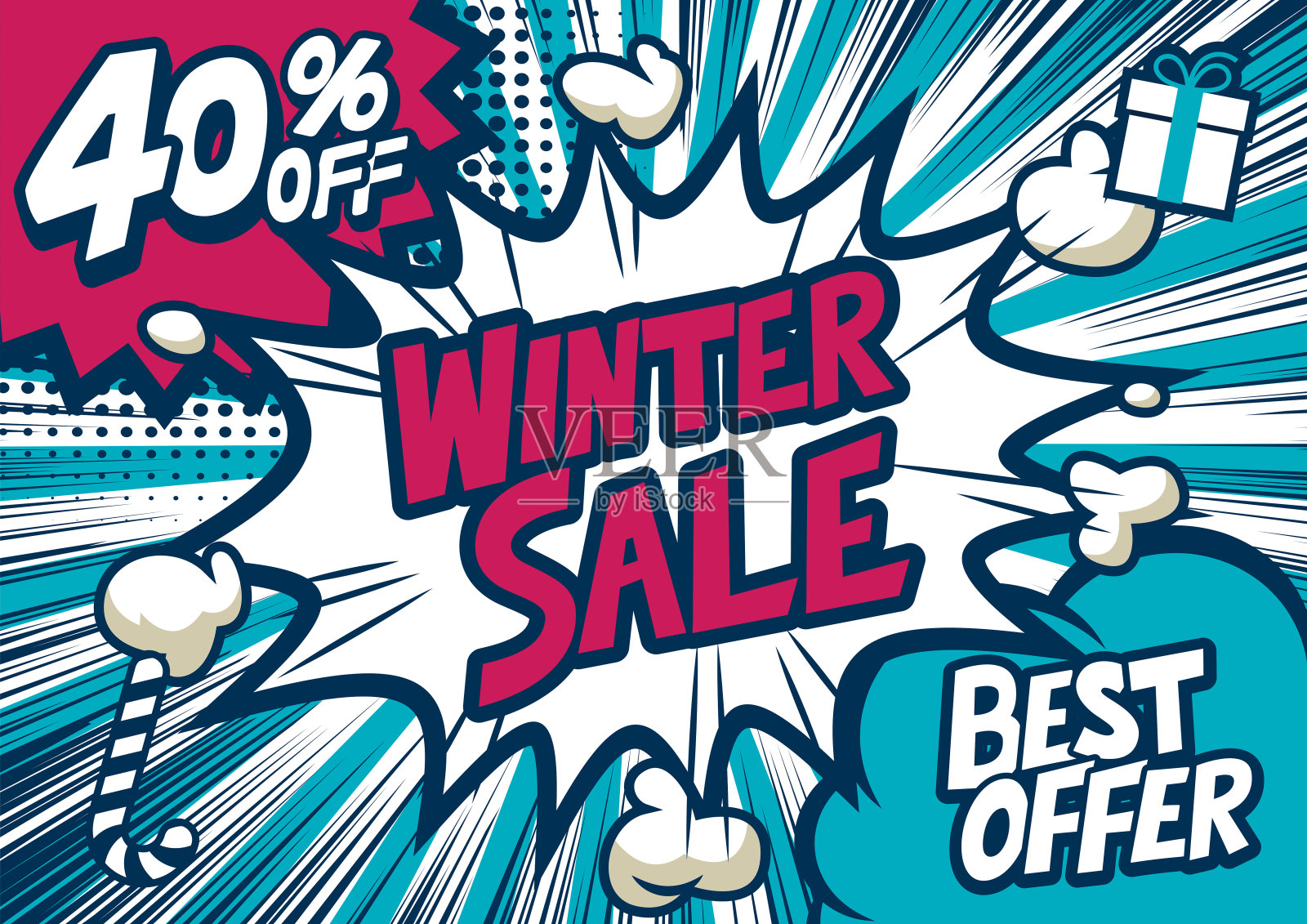 四折冬季大甩卖印刷流行艺术背景，爆炸漫画风格。设计元素图片