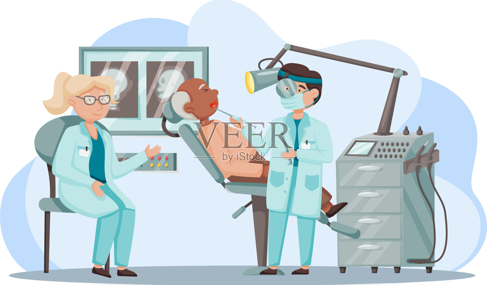 耳科医生和患者：耳鼻喉科医疗保健或耳鼻喉科疾病插画图片素材