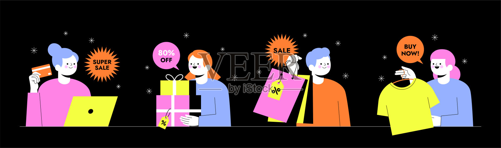 人们在网上购物。电子商务和网上购物。特惠或大的季节性销售。黑色星期五销售横幅，传单，网页或登陆页，广告，海报，广告。时髦的平面矢量插图。插画图片素材
