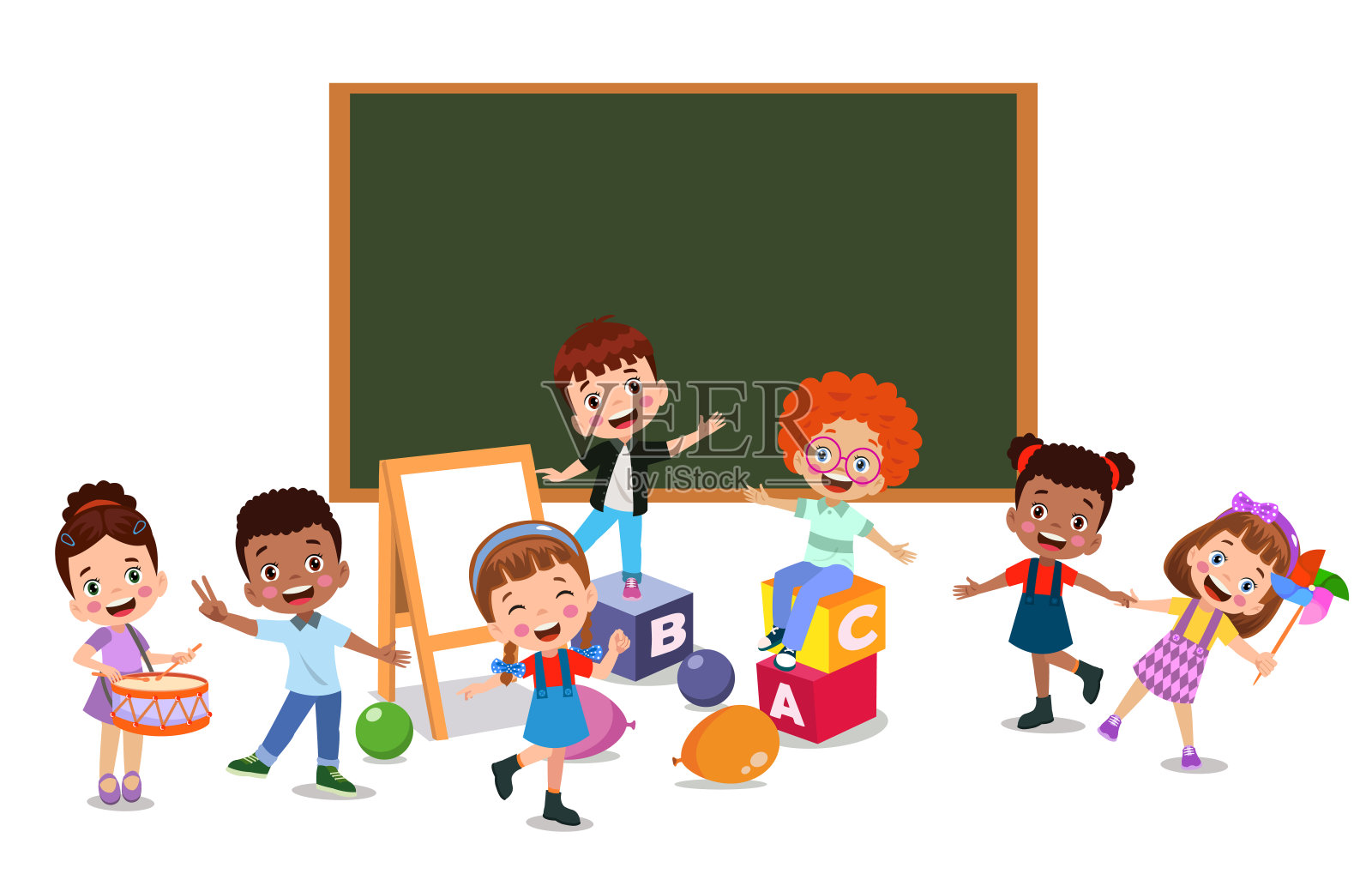 回到学校，学校的教室和可爱快乐的学生插画图片素材