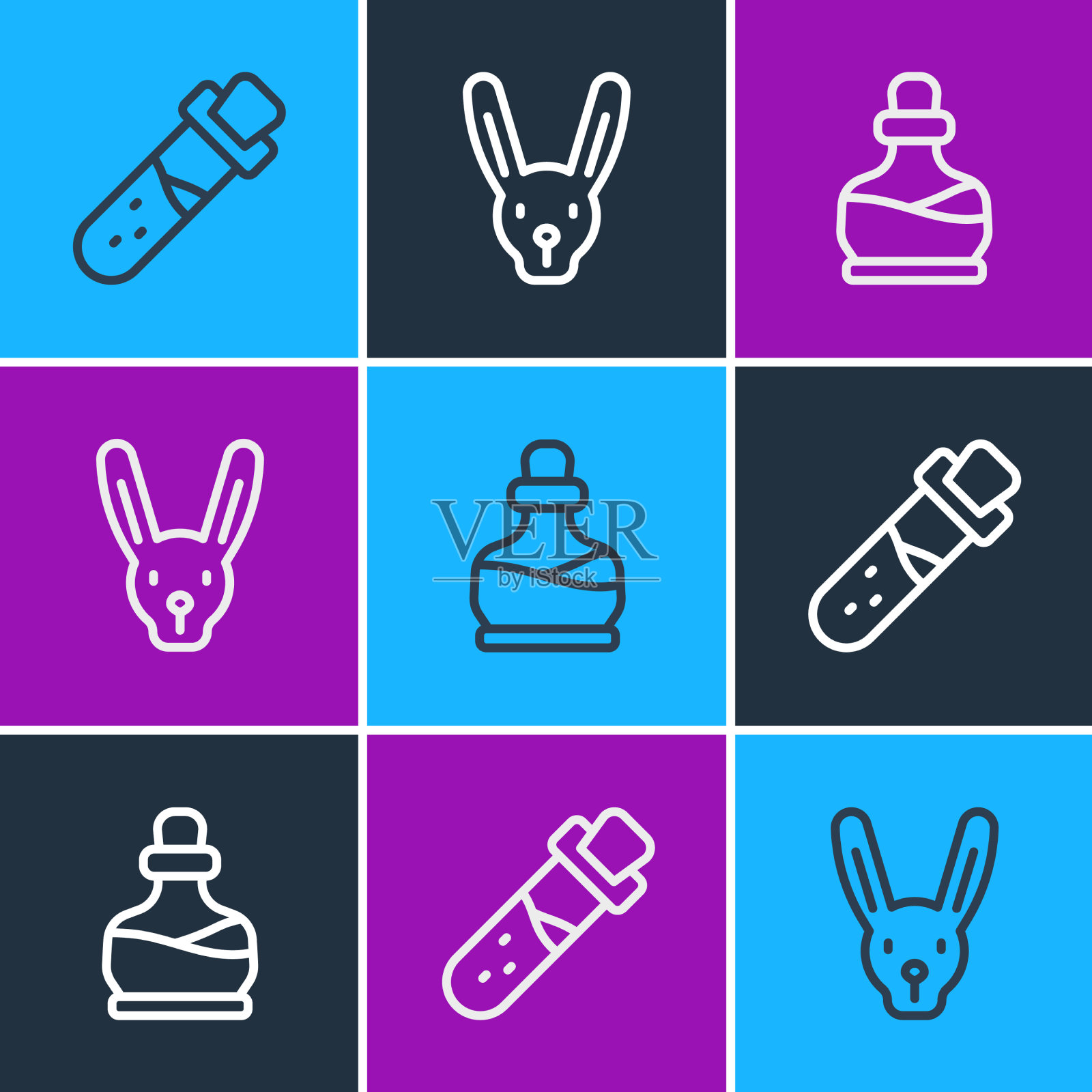 设置线瓶与药水和兔子耳朵图标插画图片素材