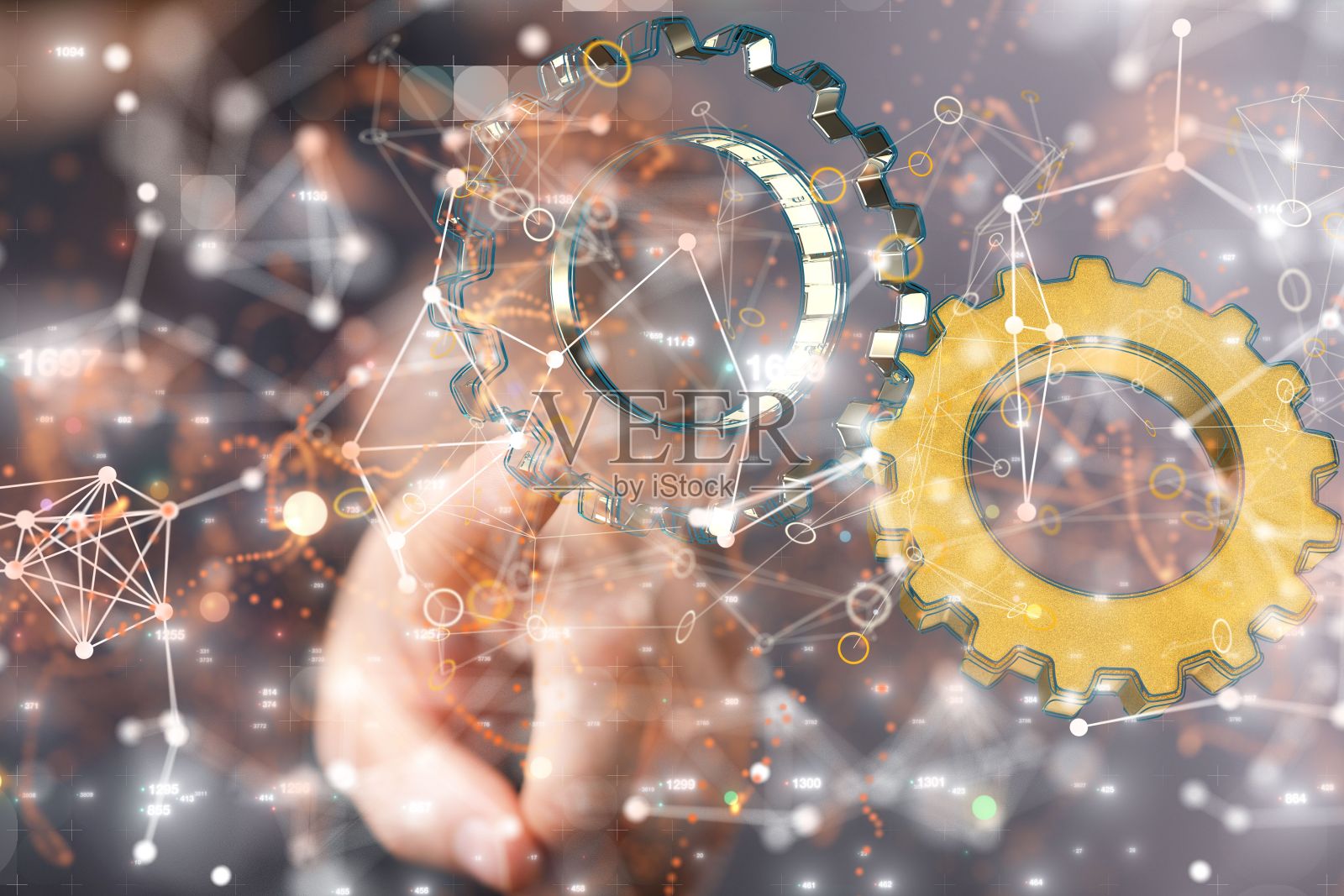 商人在网络空间展示齿轮图标的3D渲染全息图照片摄影图片