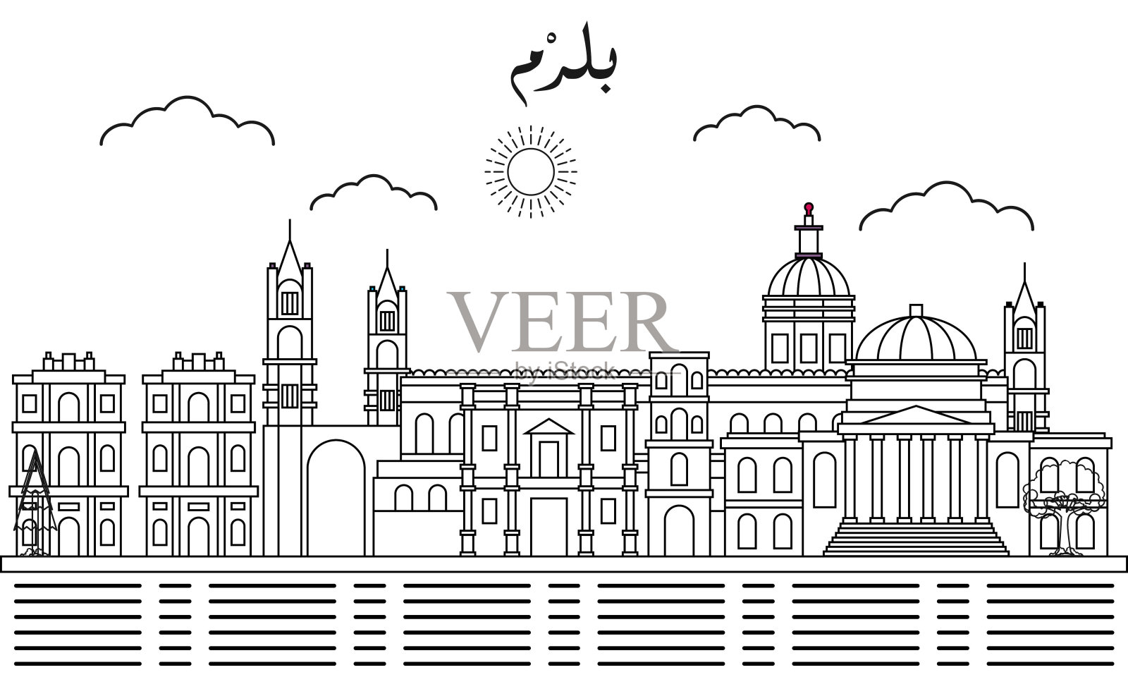 巴勒莫天际线与线艺术风格矢量插图。现代城市设计矢量。阿拉伯文翻译:巴勒莫插画图片素材