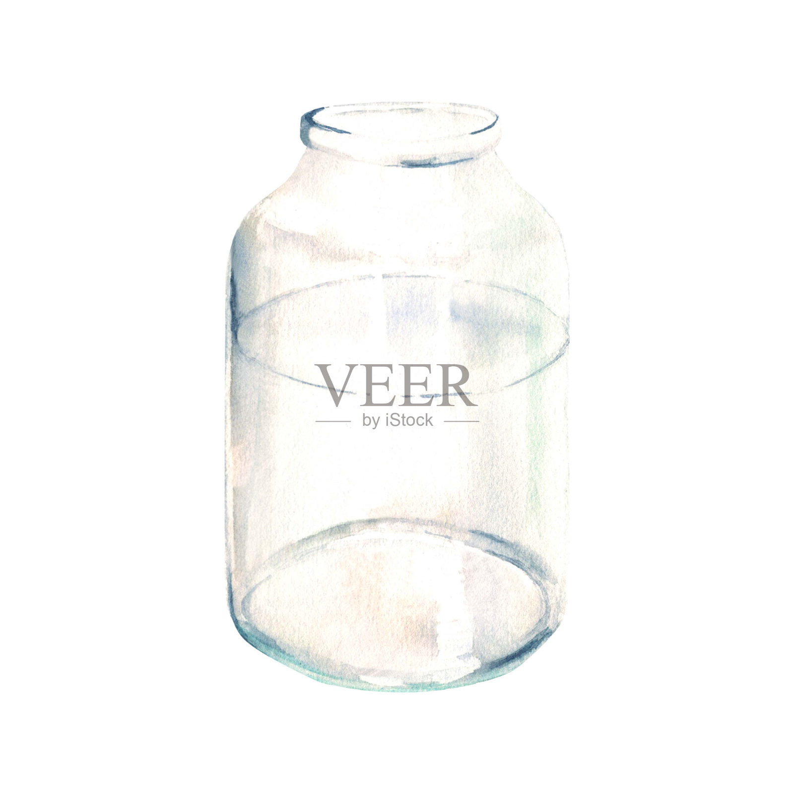 透明玻璃瓶、花瓶、玻璃瓶。在白色背景上手绘水彩插图。插画图片素材