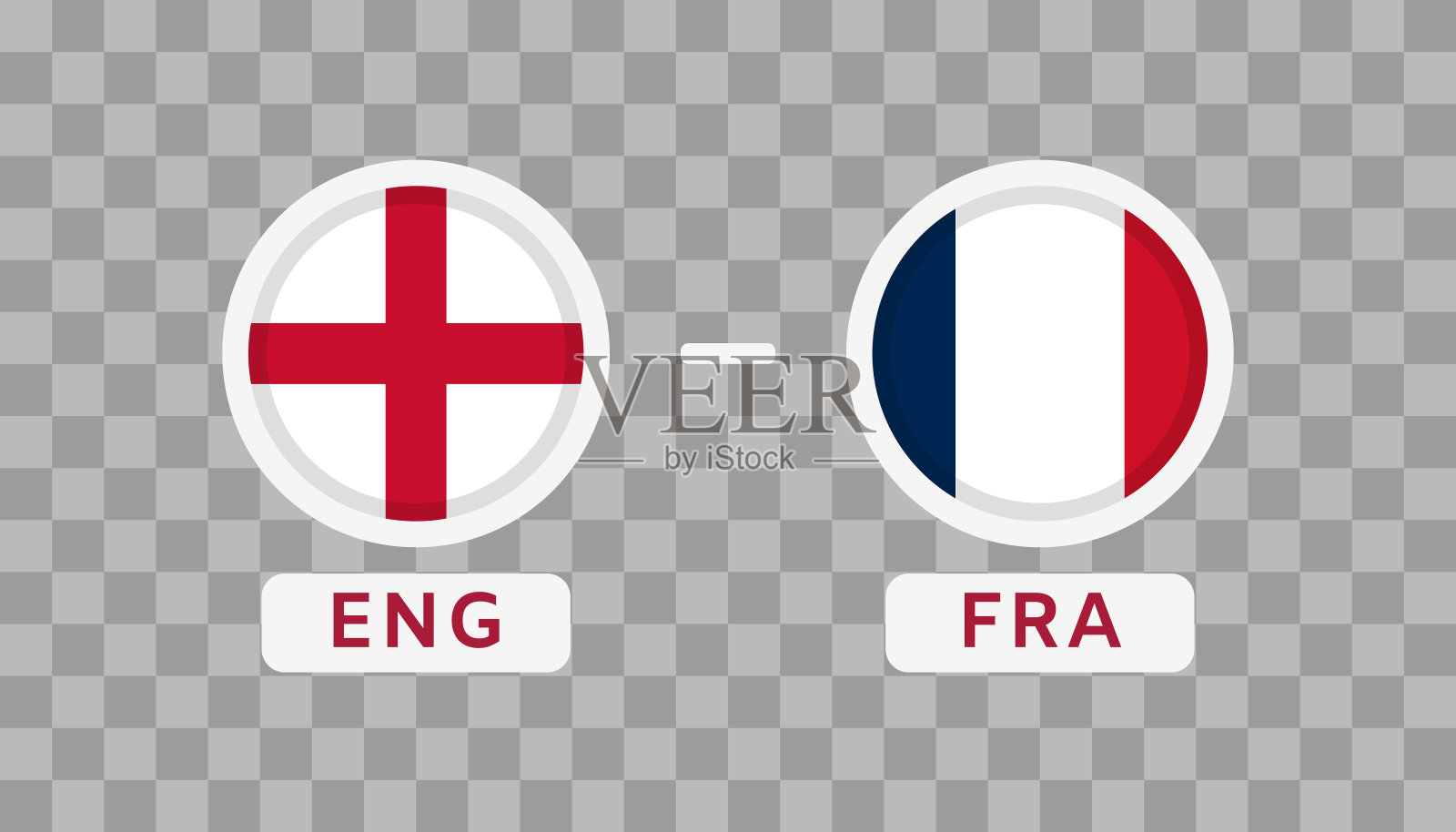 英格兰vs法国的比赛设计元素。标志在透明背景上隔离的图标。足球冠军赛信息图。公告，游戏分数，记分牌模板。向量插画图片素材