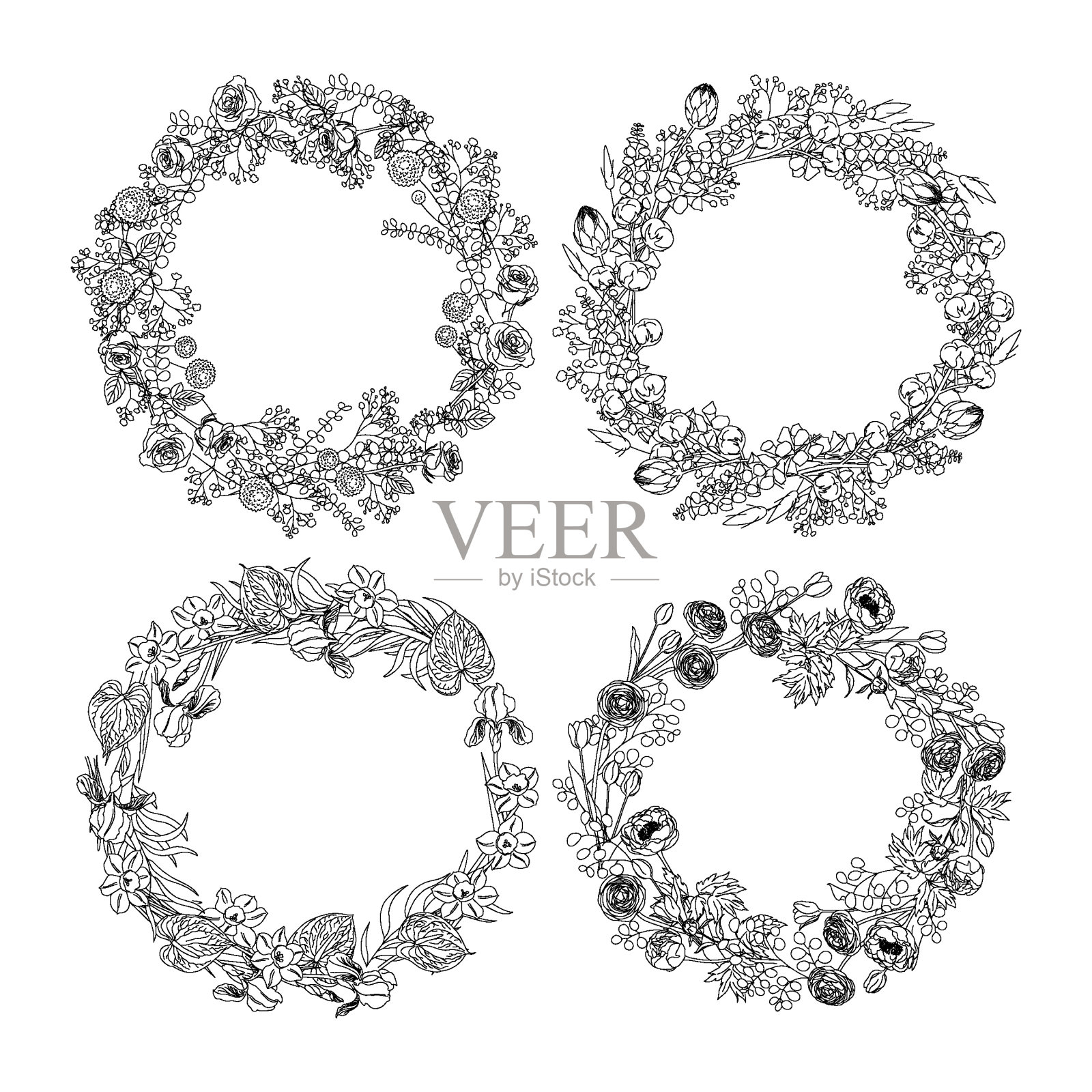 一套用于上色的花圈。矢量图插画图片素材