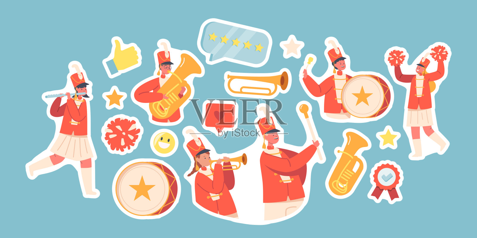 一套贴纸儿童乐队在红色制服游行。女孩和男孩用鼓，铜号，长笛演奏音乐插画图片素材