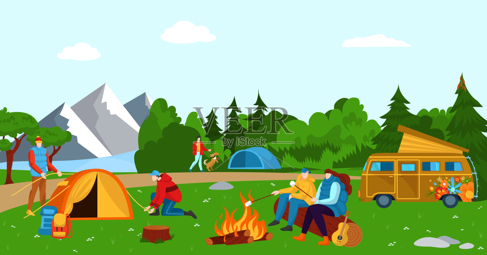 山地自然场所户外徒步露营者旅行，旅行团度假放松拖车屋平矢量插图，帐篷露营地。插画图片素材