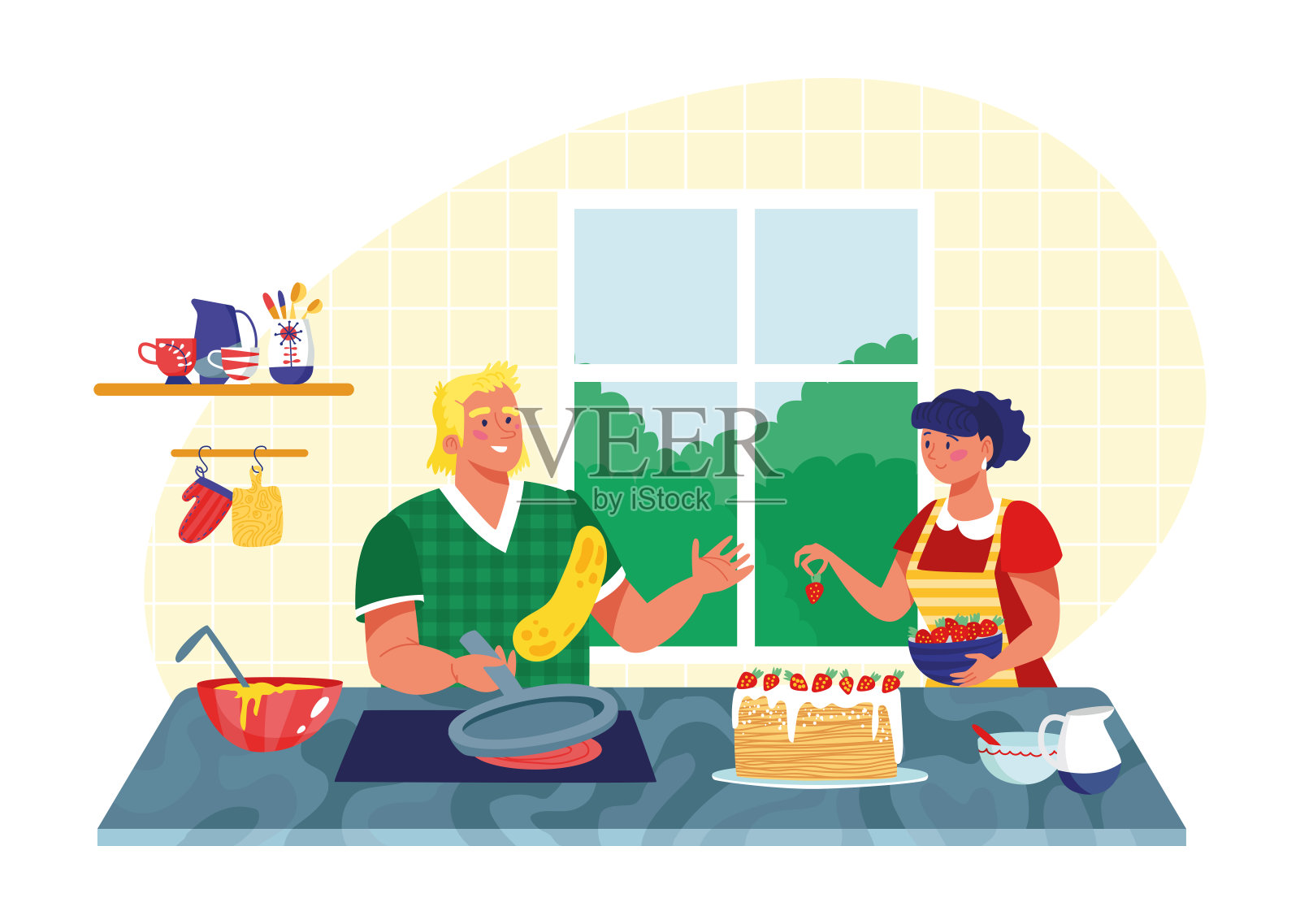 可爱浪漫的家庭夫妇男女烹饪食物晚餐，糕点食品准备平面矢量插图，隔离在白色。插画图片素材