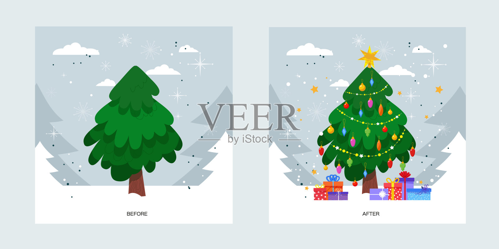 圣诞树前后装饰。装饰球、蝴蝶结和灯泡链装饰圣诞树。新年快乐。冬天的假期。平的风格插画图片素材