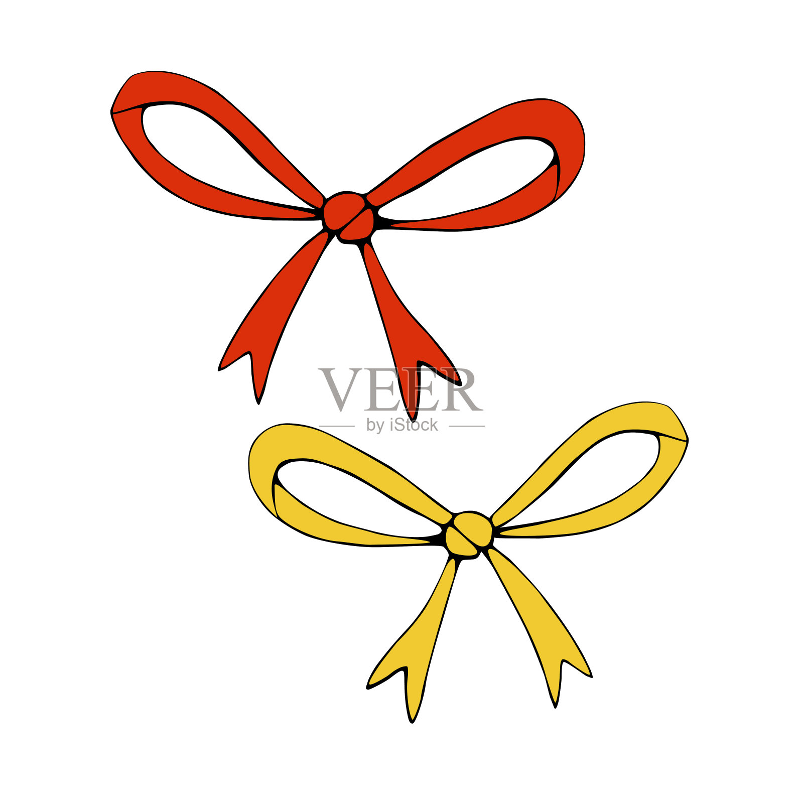 一套矢量彩色蝴蝶结，缎带在平面涂鸦风格。剪贴艺术，装饰，传统的节日设计元素孤立在白色背景设计元素图片