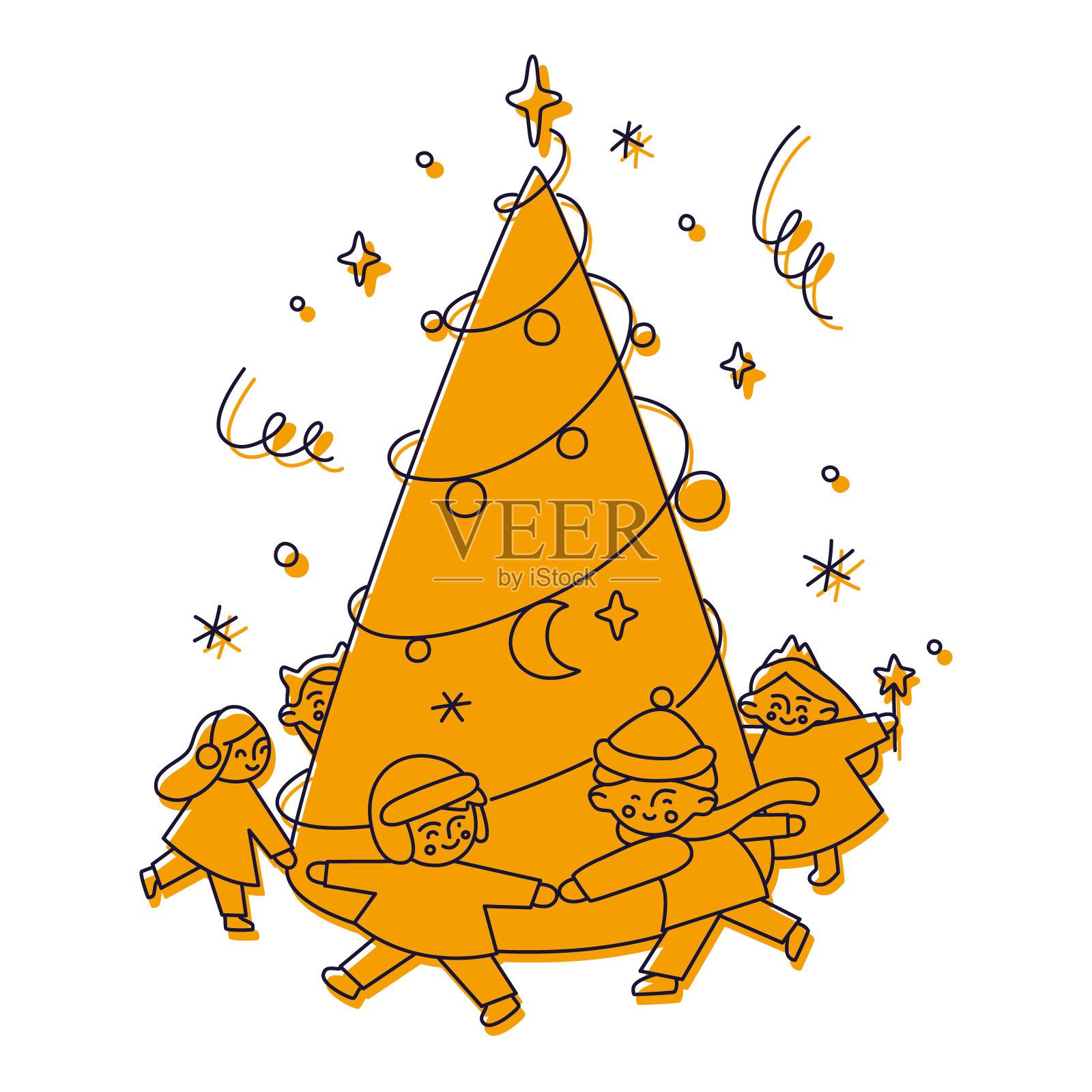 孩子们围着圣诞树矢量插图跳舞插画图片素材