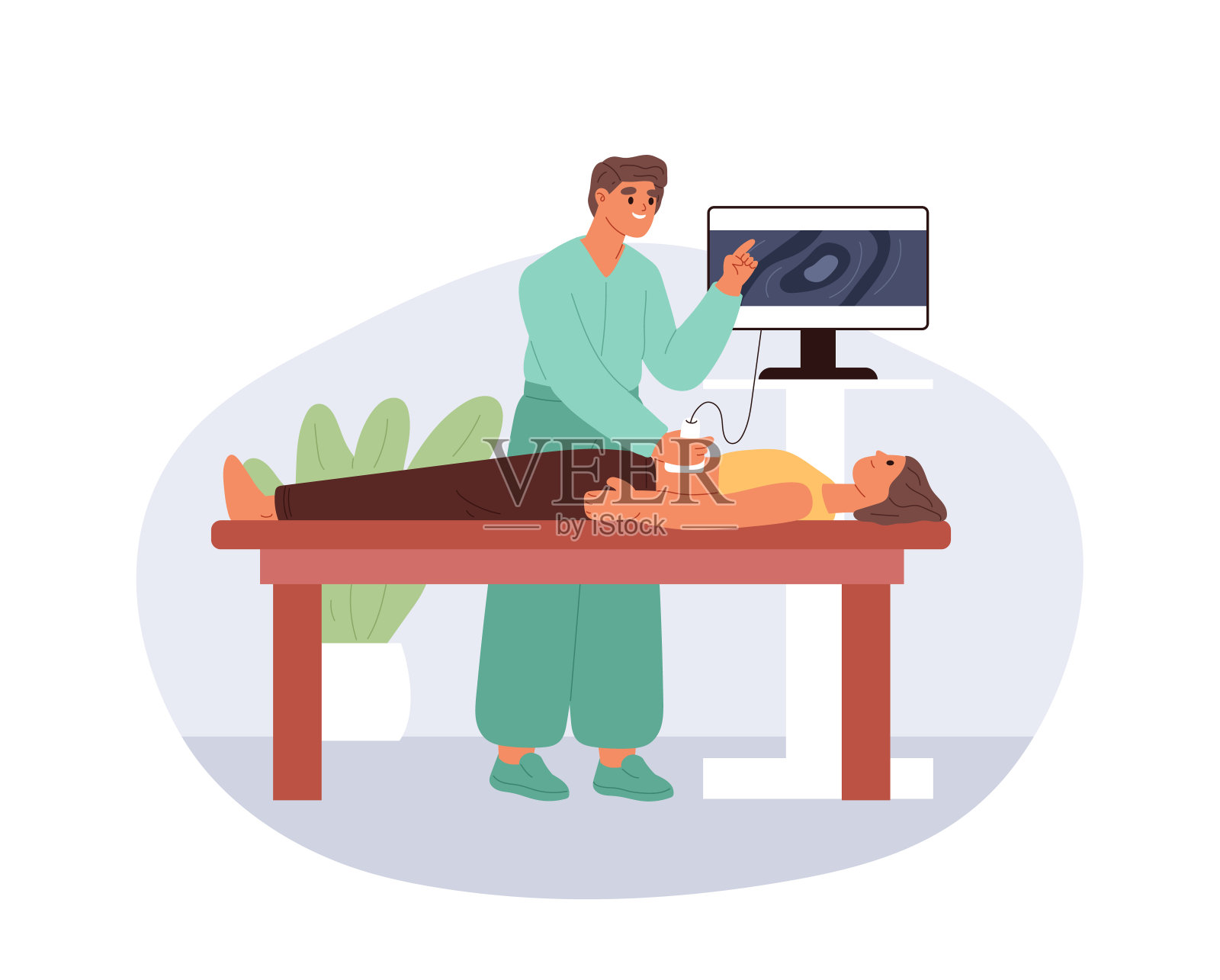 胃肠病学家检查男子腹部。医生用腹部超声扫描治疗胃痛插画图片素材