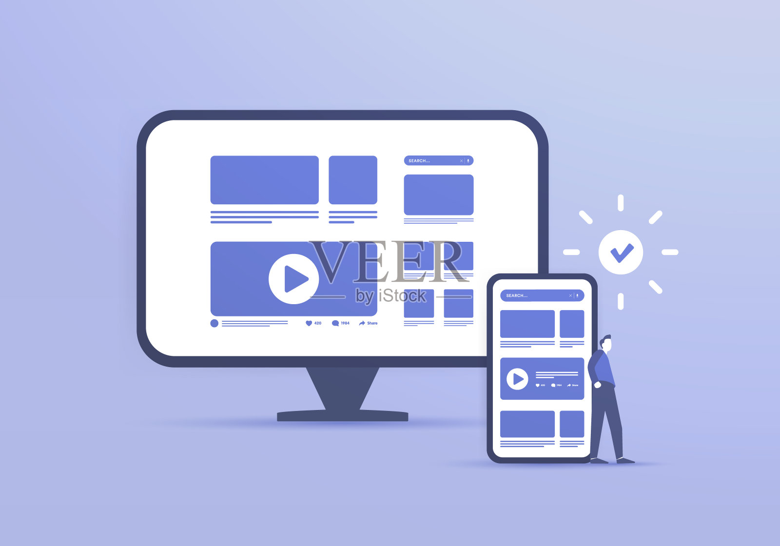 移动友好的网站-响应网页设计页面，更好地显示在不同的设备和seo优化。根据屏幕大小改变ui元素的排列插画图片素材