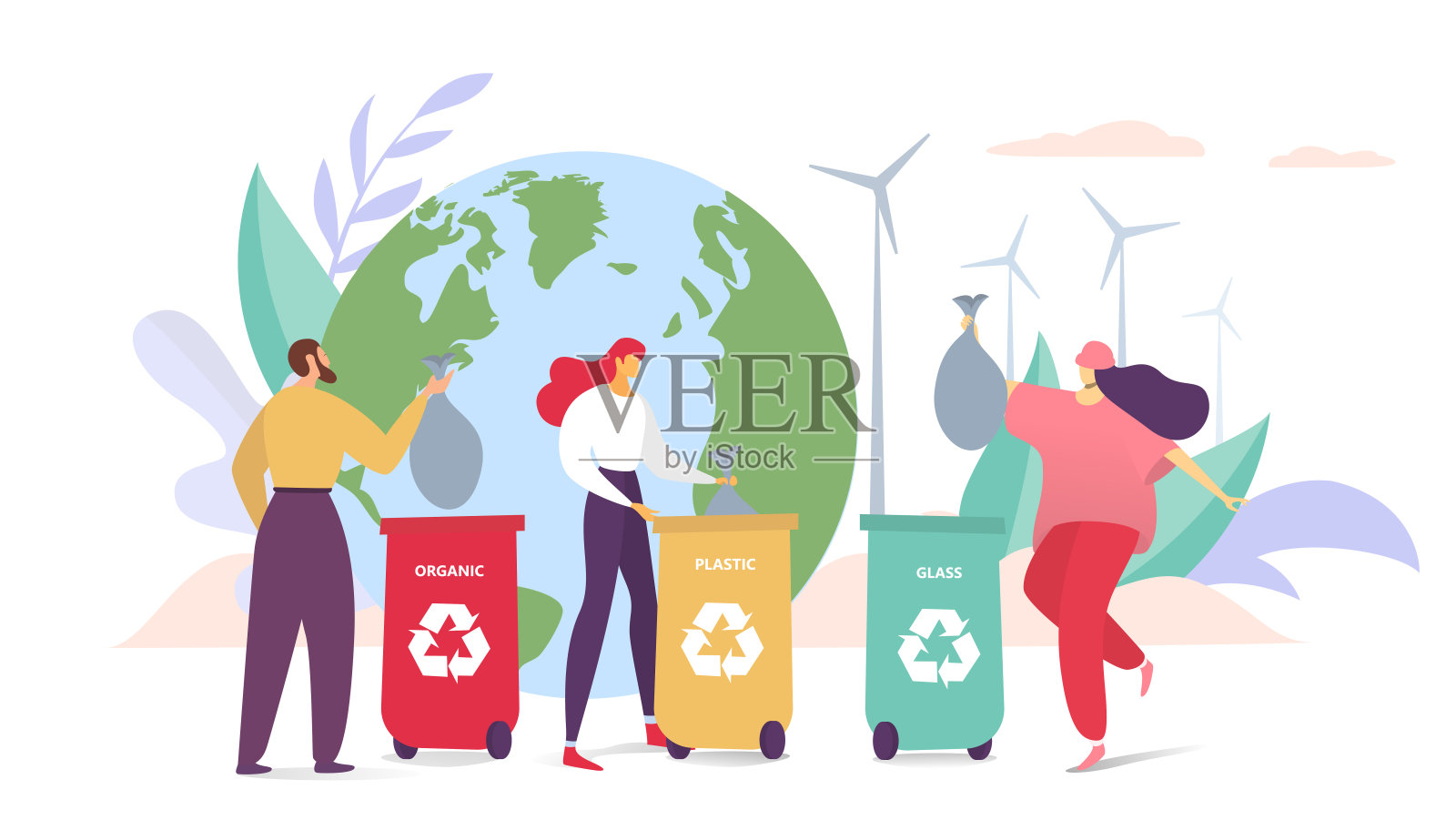 积极分子志愿者们一起拯救环境，零废物处理回收平矢插图，隔离上白。插画图片素材