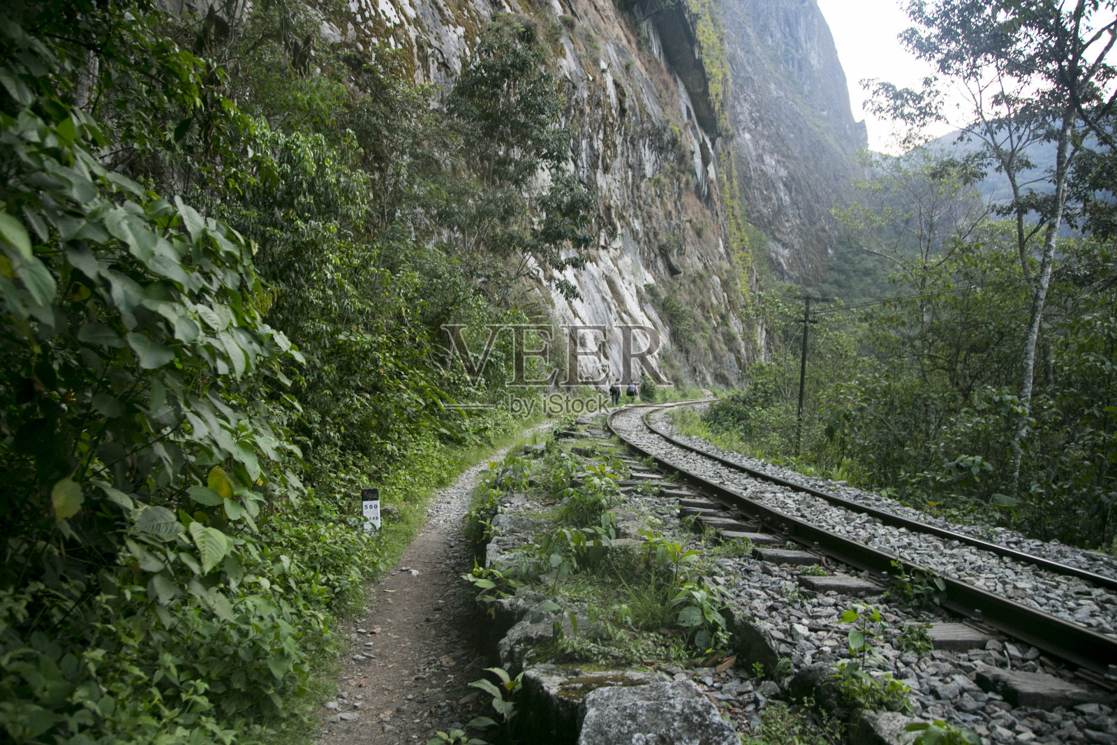 Hiking from Santa Teresa Hidroeléctrica to Aguas Calientes to reach Machupichu. Path following the train tracks with several hikers.照片摄影图片