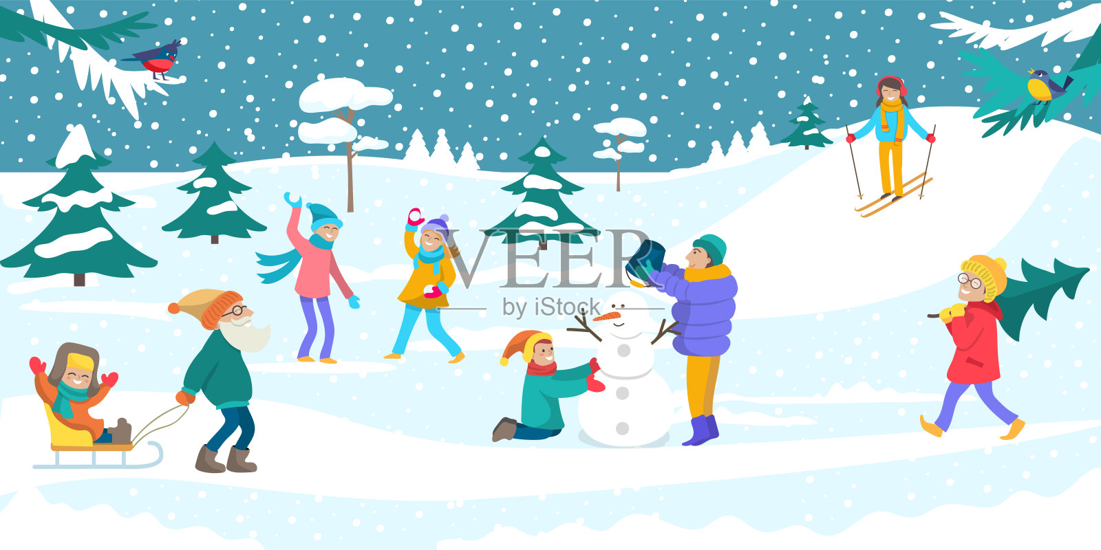 冬天的时候，人们一起玩游戏，堆雪人，骑雪橇扔雪球卡通矢量插画。插画图片素材