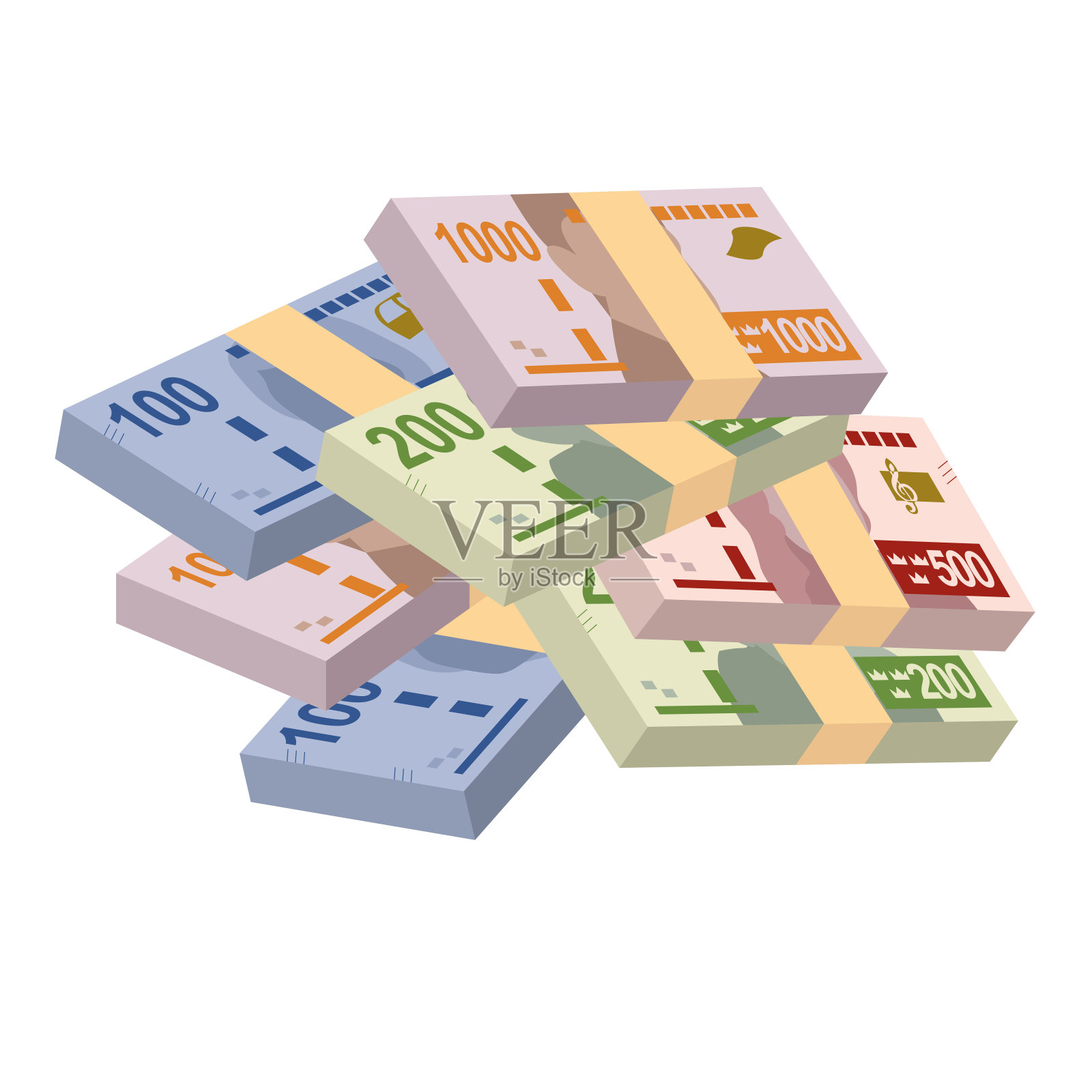 瑞典克朗矢量插图。瑞典货币套装捆钞。纸币100、200、500、1000氪。孤立的白色背景。简约的设计。插画图片素材