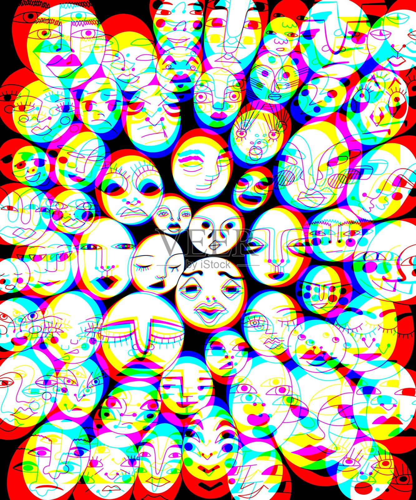 极简风格人物头像面部表情霓虹效果插画图片素材