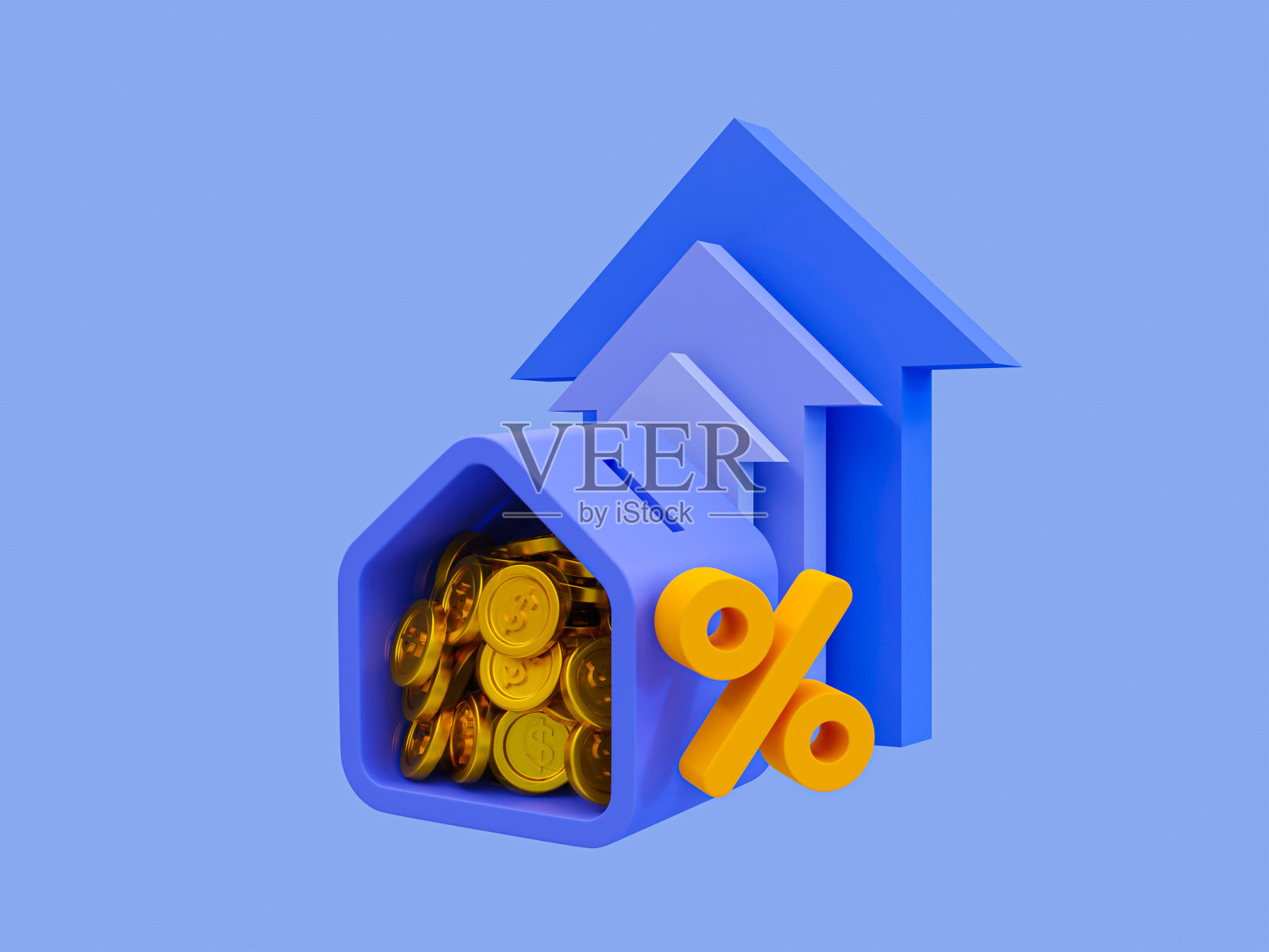 3d最小的省钱概念。存款利息更高。为退休攒钱。一个带有百分比图标和上升箭头的家庭储蓄罐。3 d演示。照片摄影图片