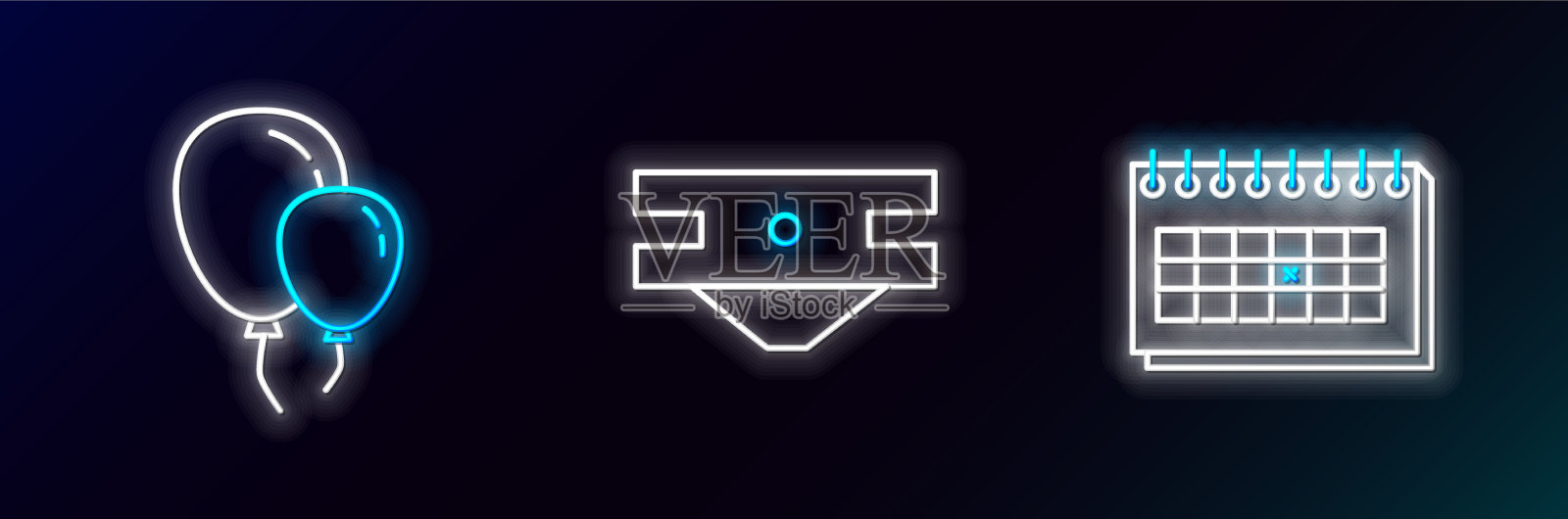 设置线日历气球与缎带和婴儿图标素材