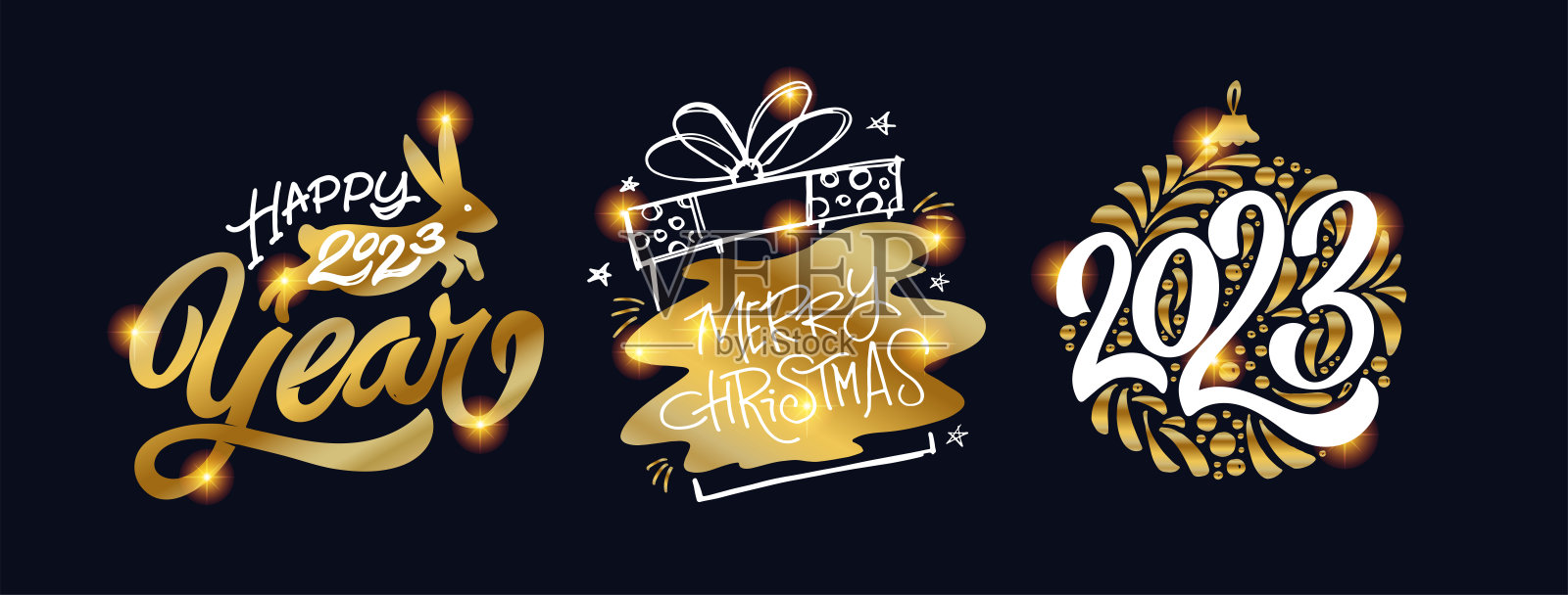 圣诞快乐，2023年新年快乐。寒假快乐明信片。冬青快活。欢快而明亮。致以节日的问候。插画图片素材