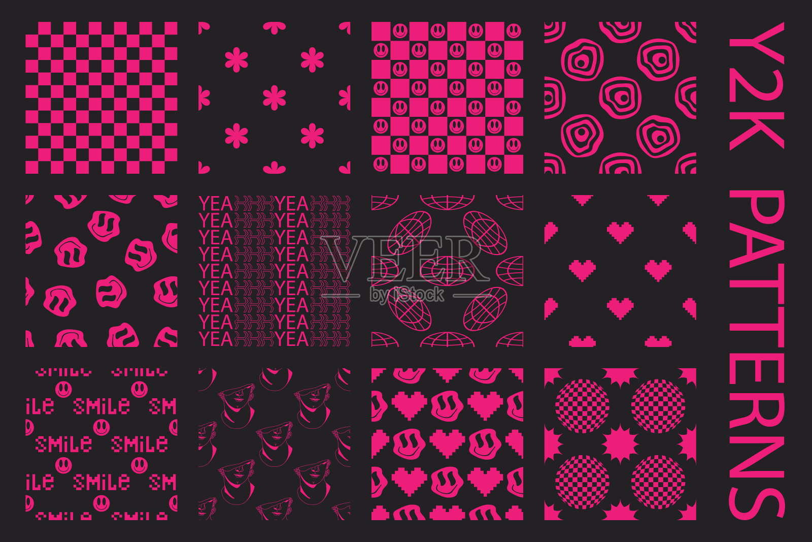 迷幻酸Y2K无缝图案套装。迷幻的背景与时尚的90年代风格的微笑贴纸透明的背景插画图片素材