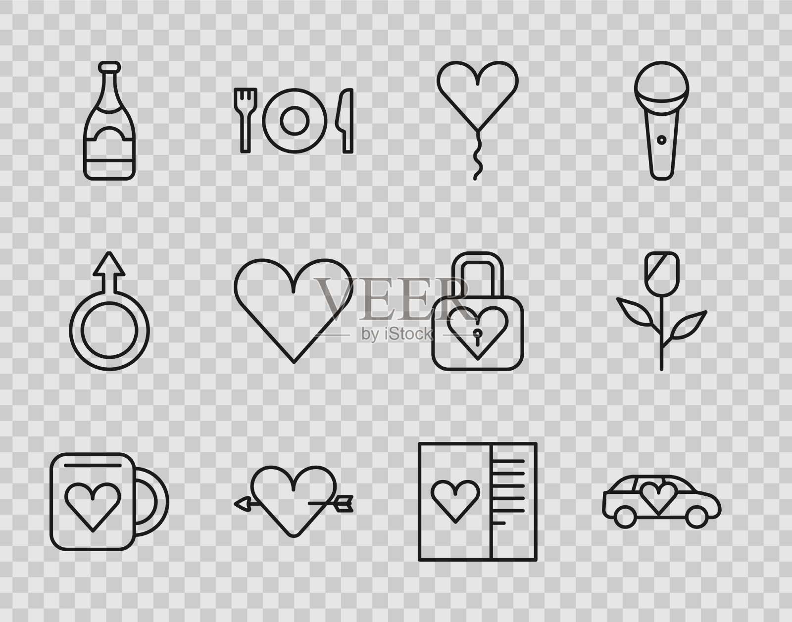 设行咖啡杯和心豪华轿车图标素材