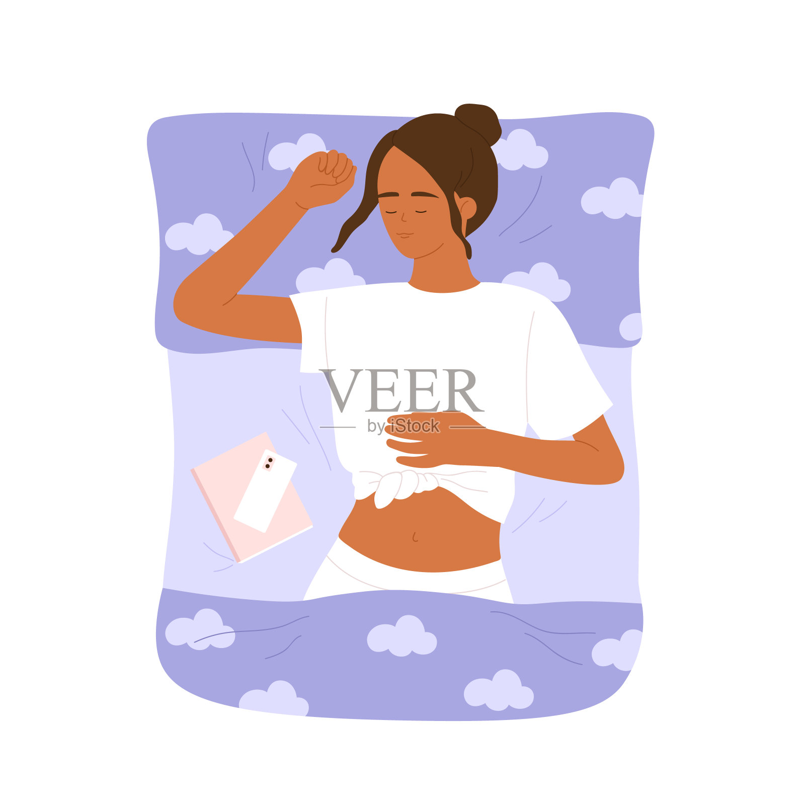 年轻女子睡在床上盖着毯子。女孩睡在舒适的床上，有书和电话。健康睡眠，放松理念。矢量插图在卡通风格。孤立的背景设计元素图片