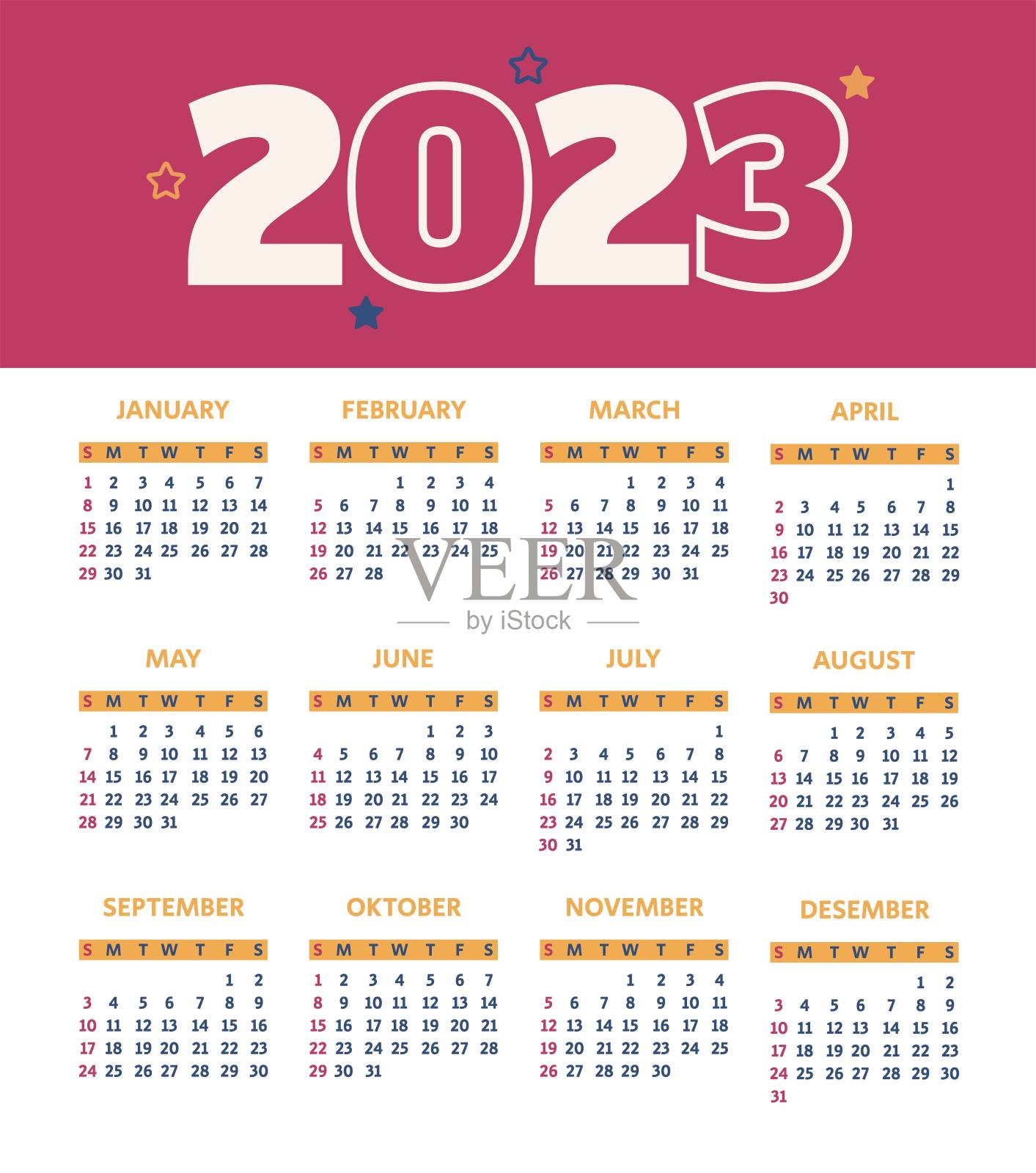 2023年日历。年历2023模板。日历设计在蓝色，红色，黄色的颜色。矢量。2023插图。设计模板素材