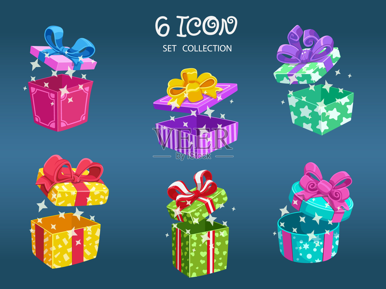 一套圣诞打开礼品盒图标。象征新年快乐。可用于印刷材料-传单，海报，名片或网络。矢量图插画图片素材