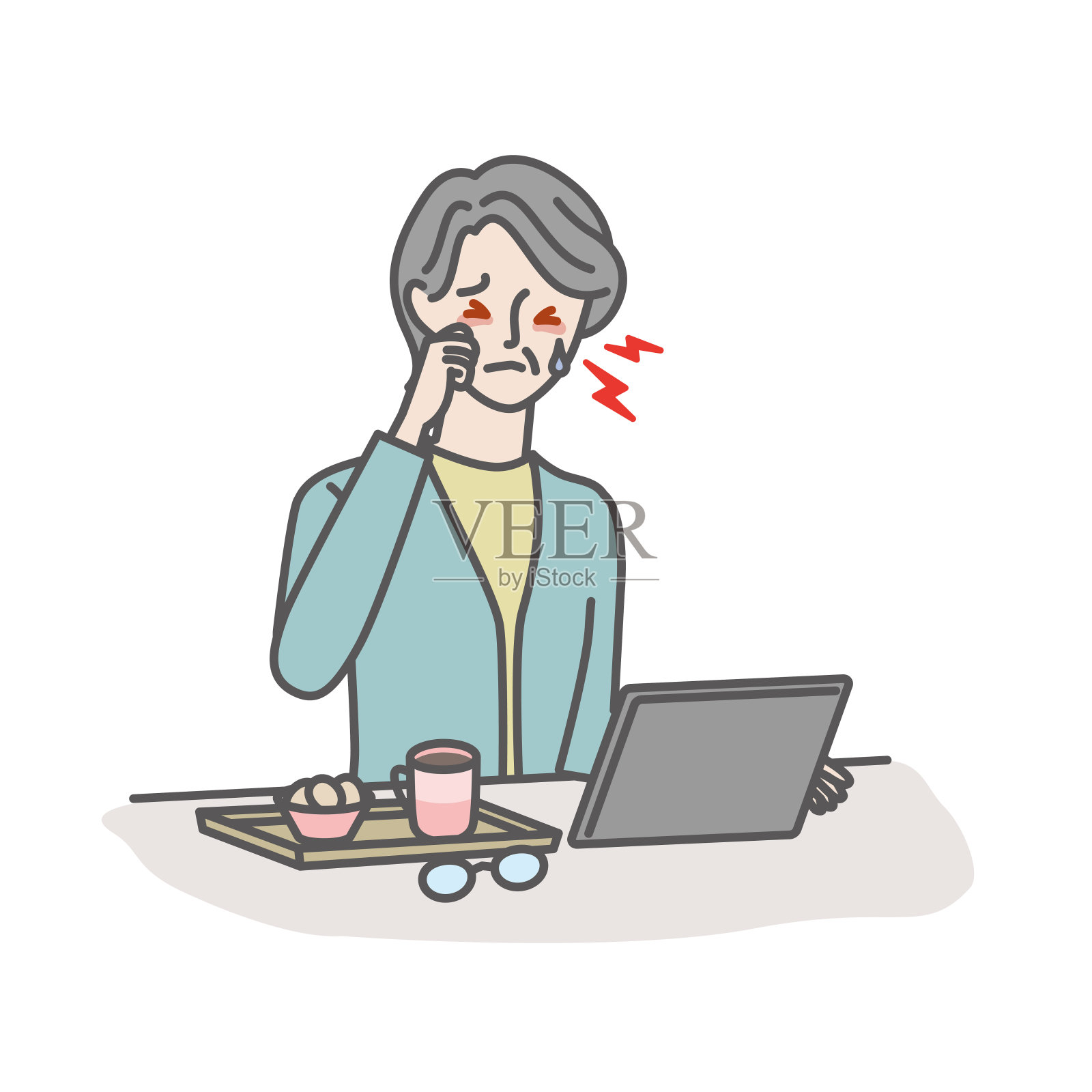 眼睛干涩的老年妇女，眼睛又干又痒插画图片素材