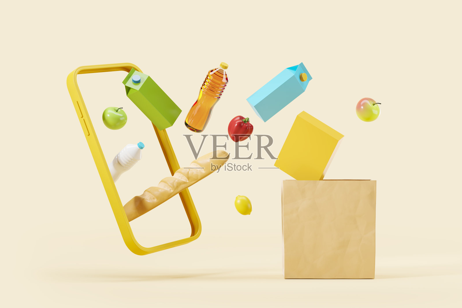 手机和纸袋坠落产品，网上商店照片摄影图片