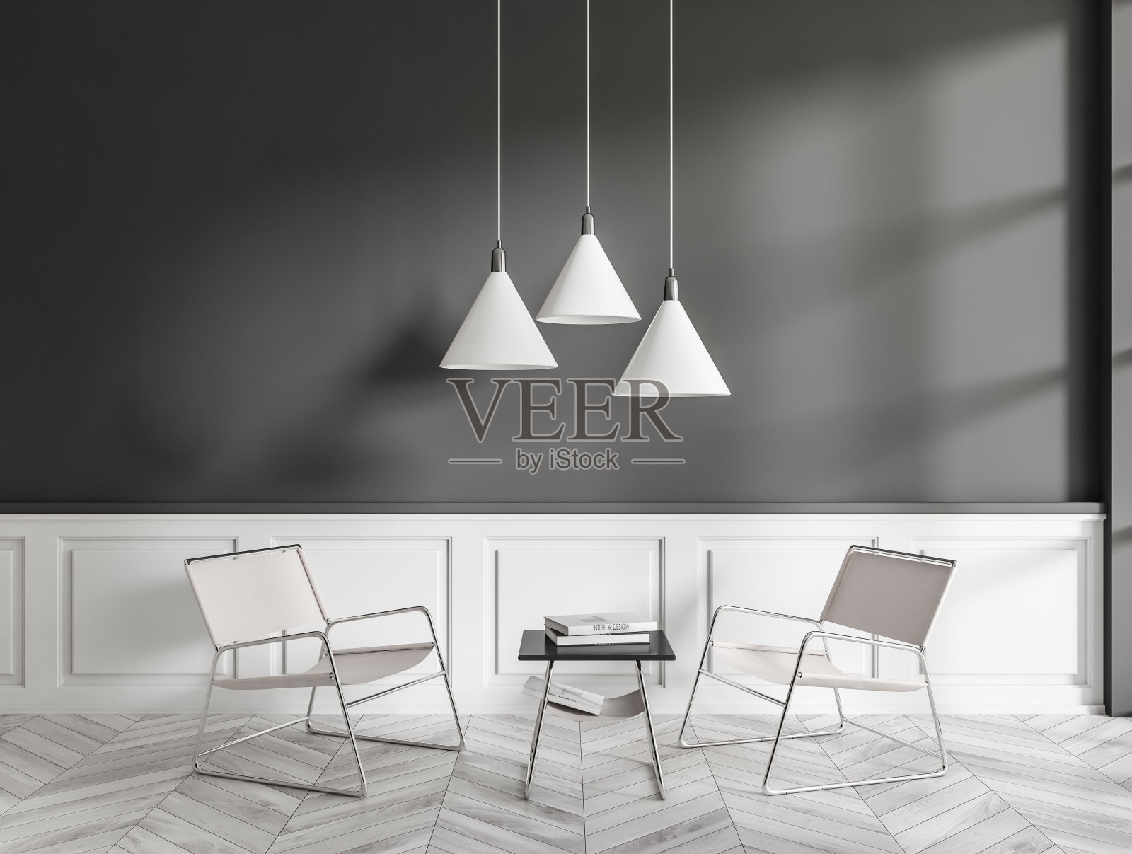 灰色的客厅内部有椅子和茶几，灯照片摄影图片