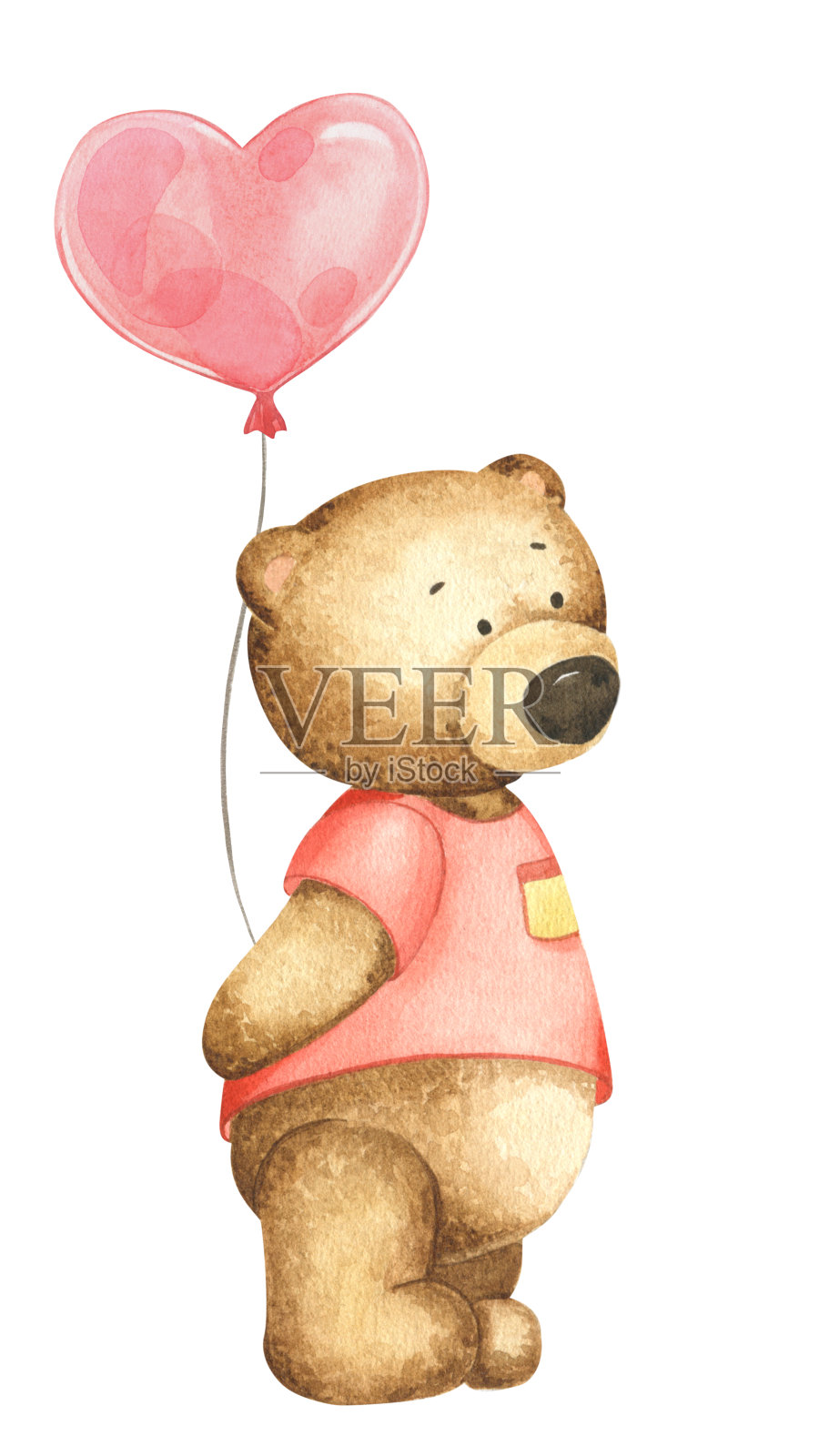 可爱的小熊男孩带着红心气球。水彩插图孤立的白色背景。可用于儿童海报，卡片或婴儿派对设计元素图片