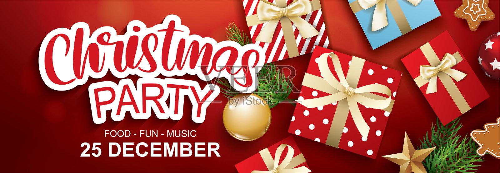 圣诞快乐派对玻璃球和礼盒传单宣传册设计上的红色背景邀请主题概念。节日祝福横幅和卡片模板。设计模板素材