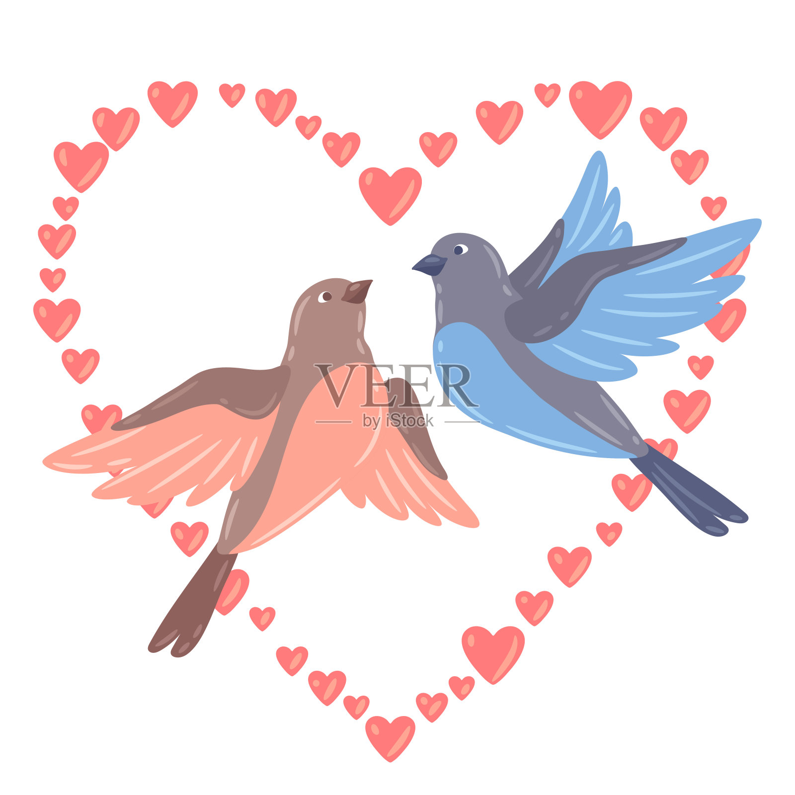 可爱的飞鸟和心形插图。简单风格的小鸟形象。插画图片素材