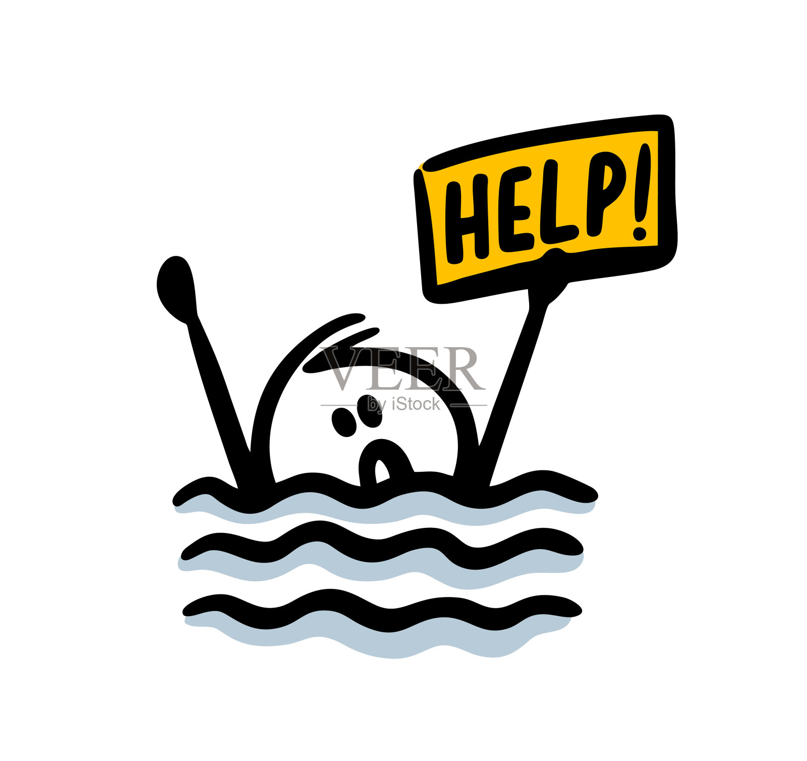 溺水的男孩尖叫着把手伸出水面，上面写着寻求帮助的牌子。设计元素图片