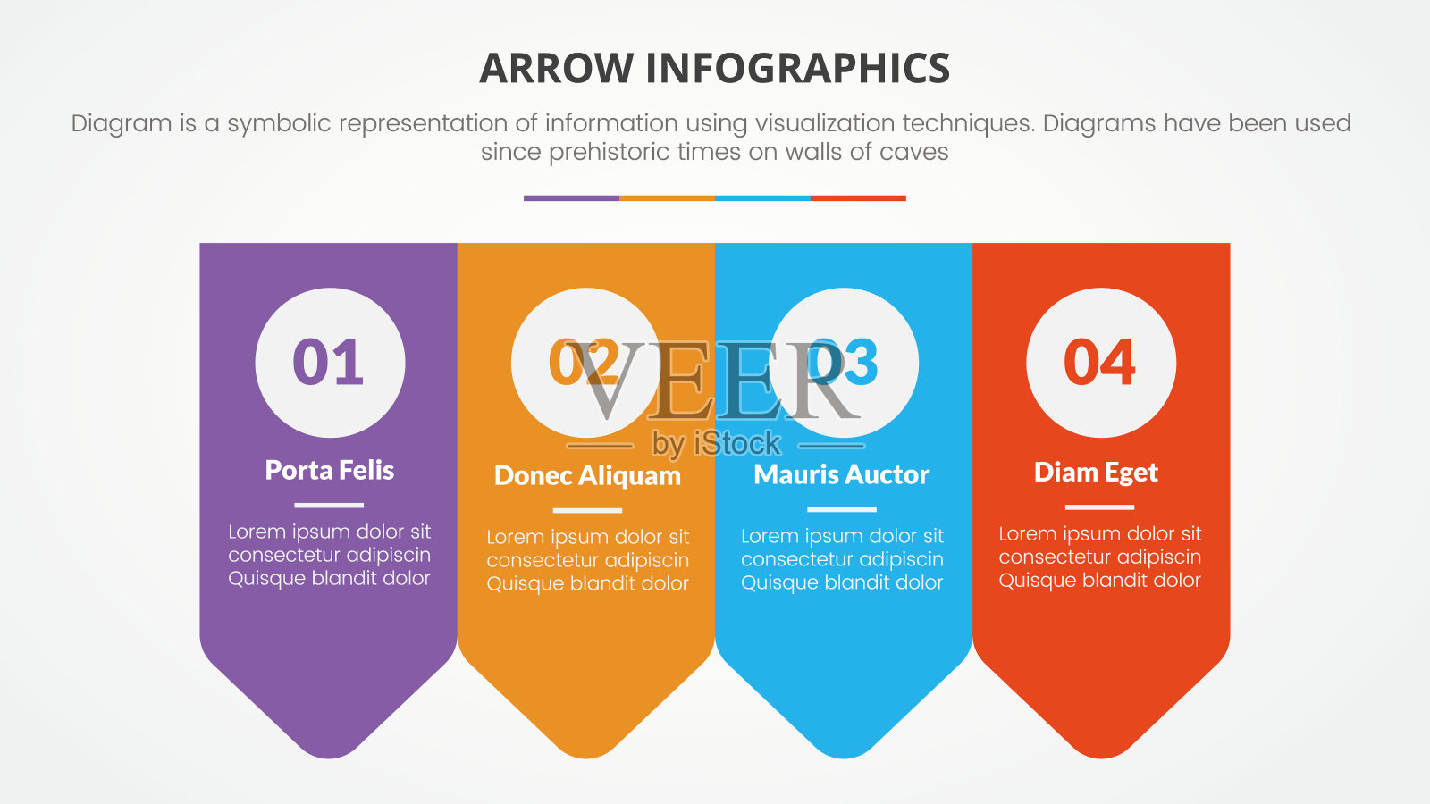 箭头风格的信息图表幻灯片演示模板与现代平面风格的颜色与4个箭头水平方向设计模板素材