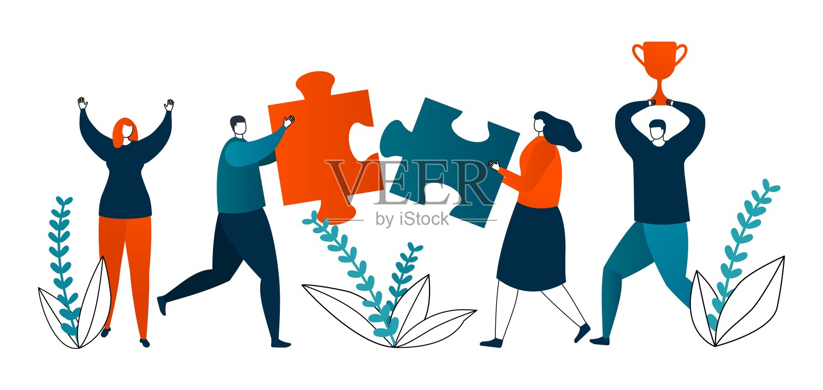 好的商业理念，商人为他们的想法呈现好的结果，成功的矢量说明。成功的拼图团队。插画图片素材