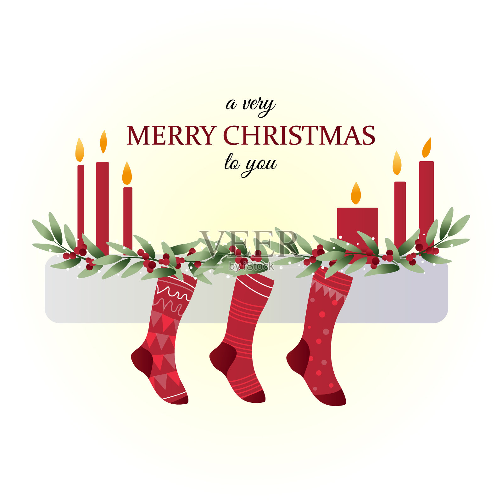 圣诞贺卡。在壁炉上挂着袜子，用来装礼物、蜡烛和圣诞花环插画图片素材