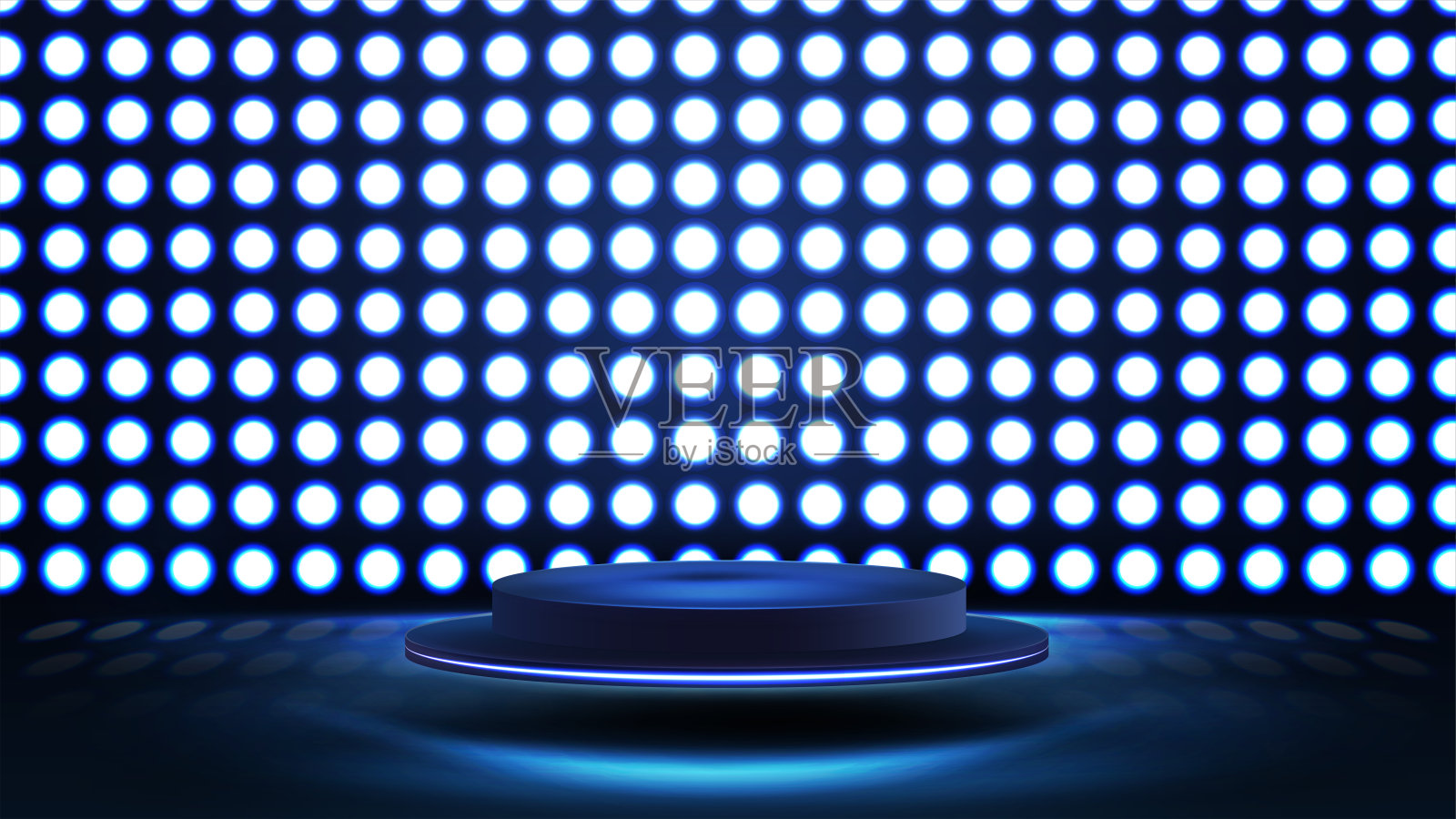 黑暗场景中悬浮的蓝色领奖台和圆形灯墙插画图片素材