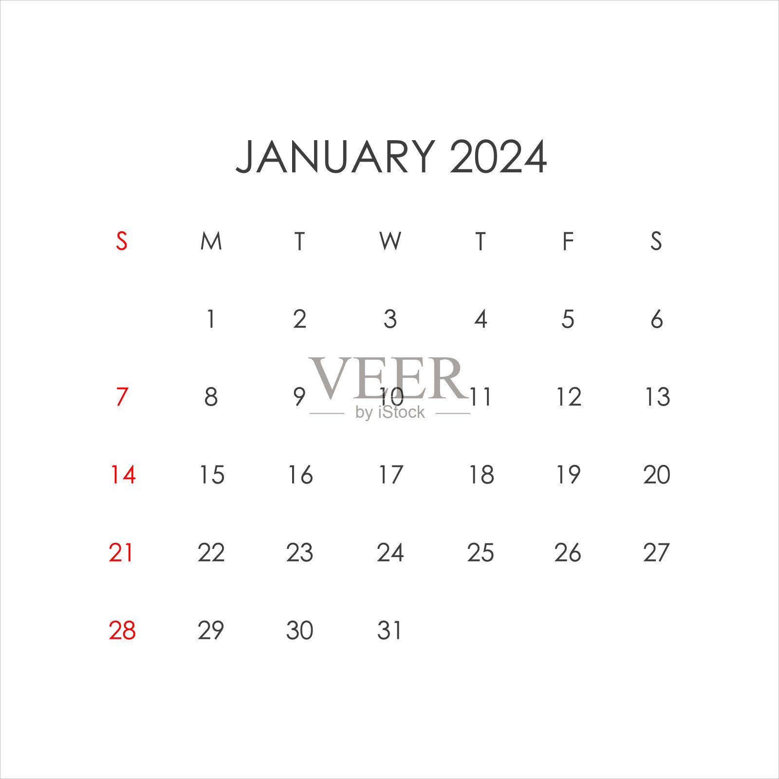 简约风格的2024年1月日历。向量设计模板素材